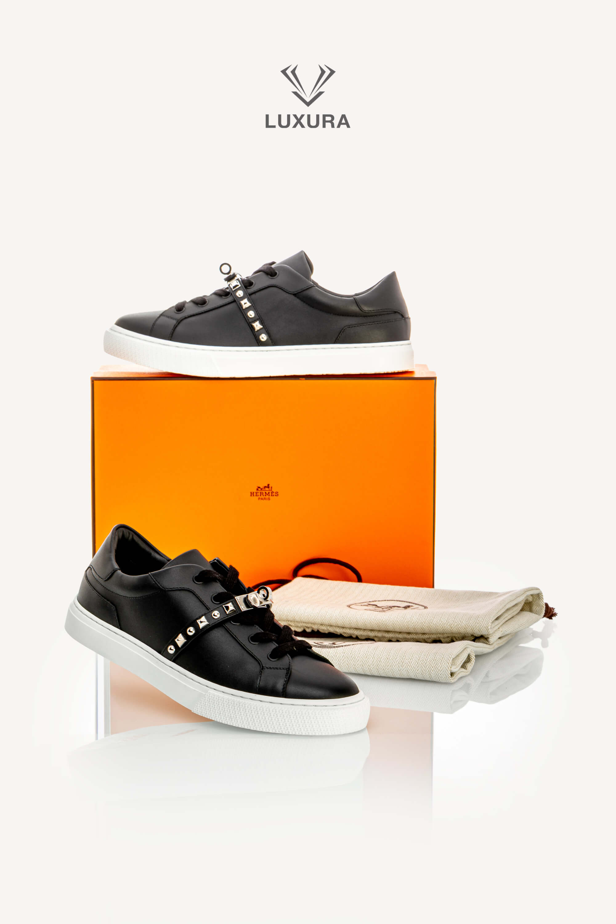<span style="font-size: 10px;letter-spacing: .15em">HARD TO FIND</span><br> <strong>HERMES</strong><br> <div style="margin-top:10px;font-size:16px">Day Sneaker Black with Medor Studs 40</div><br> - Image 2