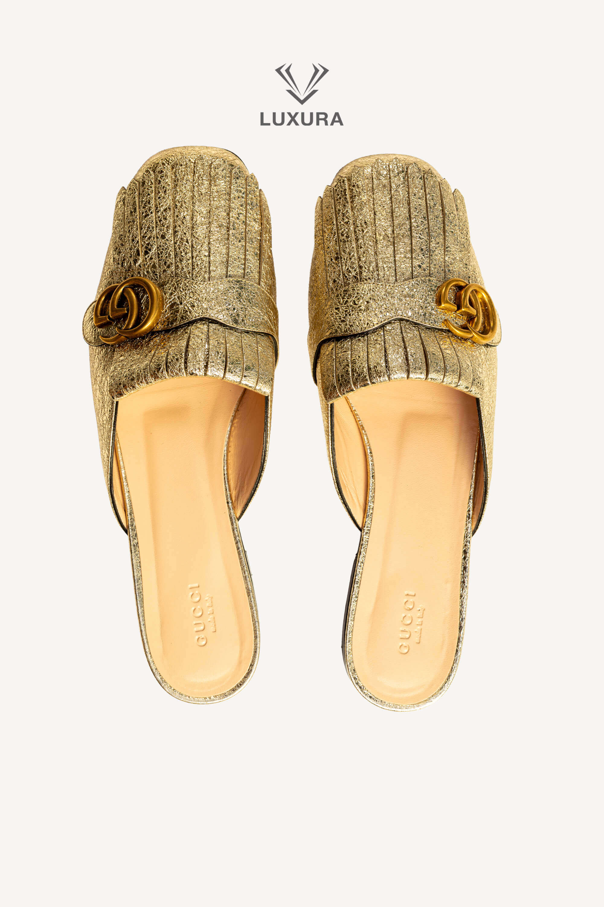 <span style="font-size: 10px;letter-spacing: .15em">BEST DEAL</span><br> <strong>GUCCI</strong><br> <div style="margin-top:10px;font-size:16px">Metallic Marmont Fringed Flat Mules Gold 41 ( true size 40 )</div><br> - Image 4