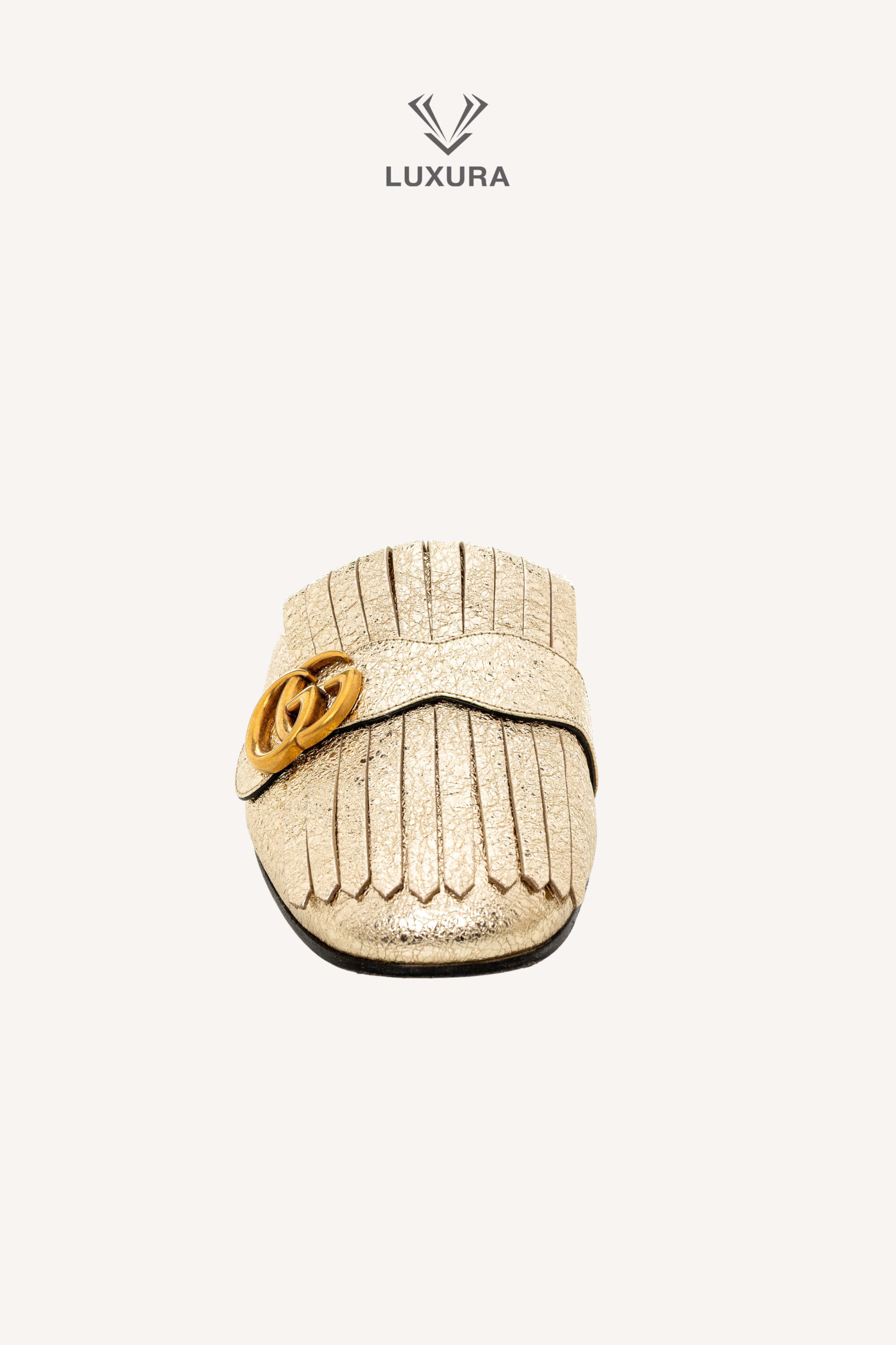 <span style="font-size: 10px;letter-spacing: .15em">BEST DEAL</span><br> <strong>GUCCI</strong><br> <div style="margin-top:10px;font-size:16px">Metallic Marmont Fringed Flat Mules Gold 41 ( true size 40 )</div><br> - Image 9
