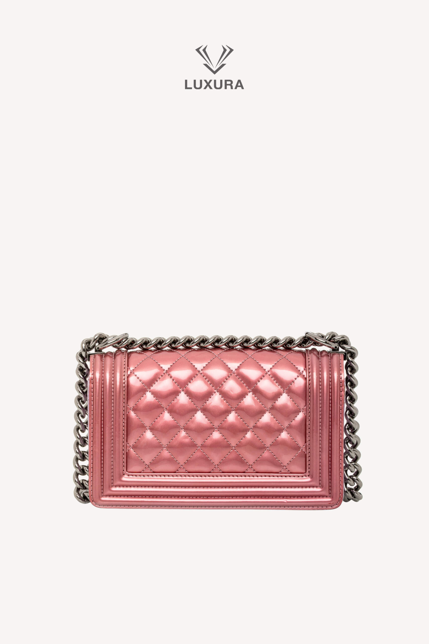 <span style="font-size: 10px;letter-spacing: .15em">HARD TO FIND</span><br>            <strong>CHANEL</strong><br>            <div style="margin-top:10px;font-size:16px">Leboy Small in Metallic Burgundy and Lavander Patent Calfskin Leather with Ruthenium Hardware</div><br> - Image 12