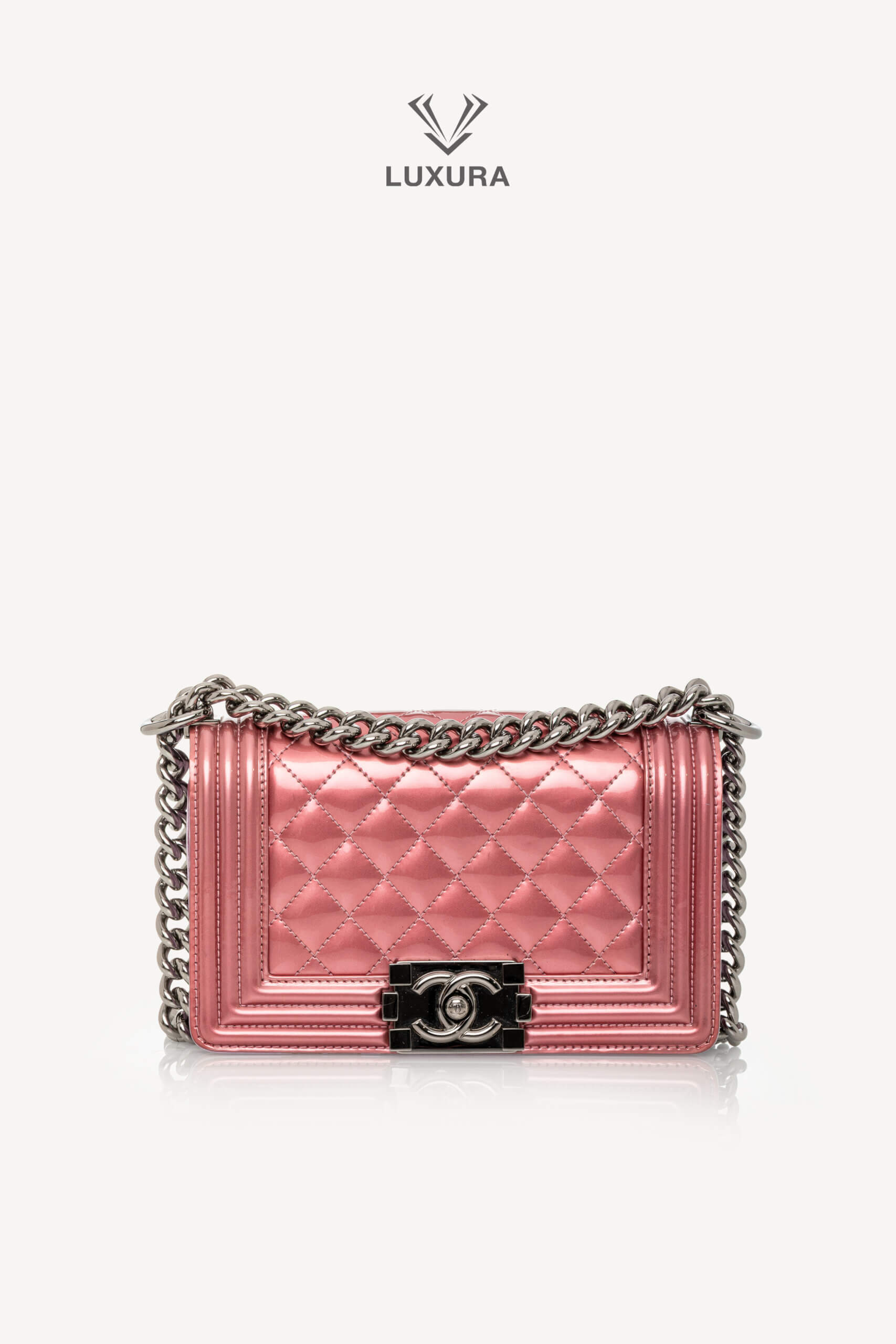 <span style="font-size: 10px;letter-spacing: .15em">HARD TO FIND</span><br>            <strong>CHANEL</strong><br>            <div style="margin-top:10px;font-size:16px">Leboy Small in Metallic Burgundy and Lavander Patent Calfskin Leather with Ruthenium Hardware</div><br> - Image 15