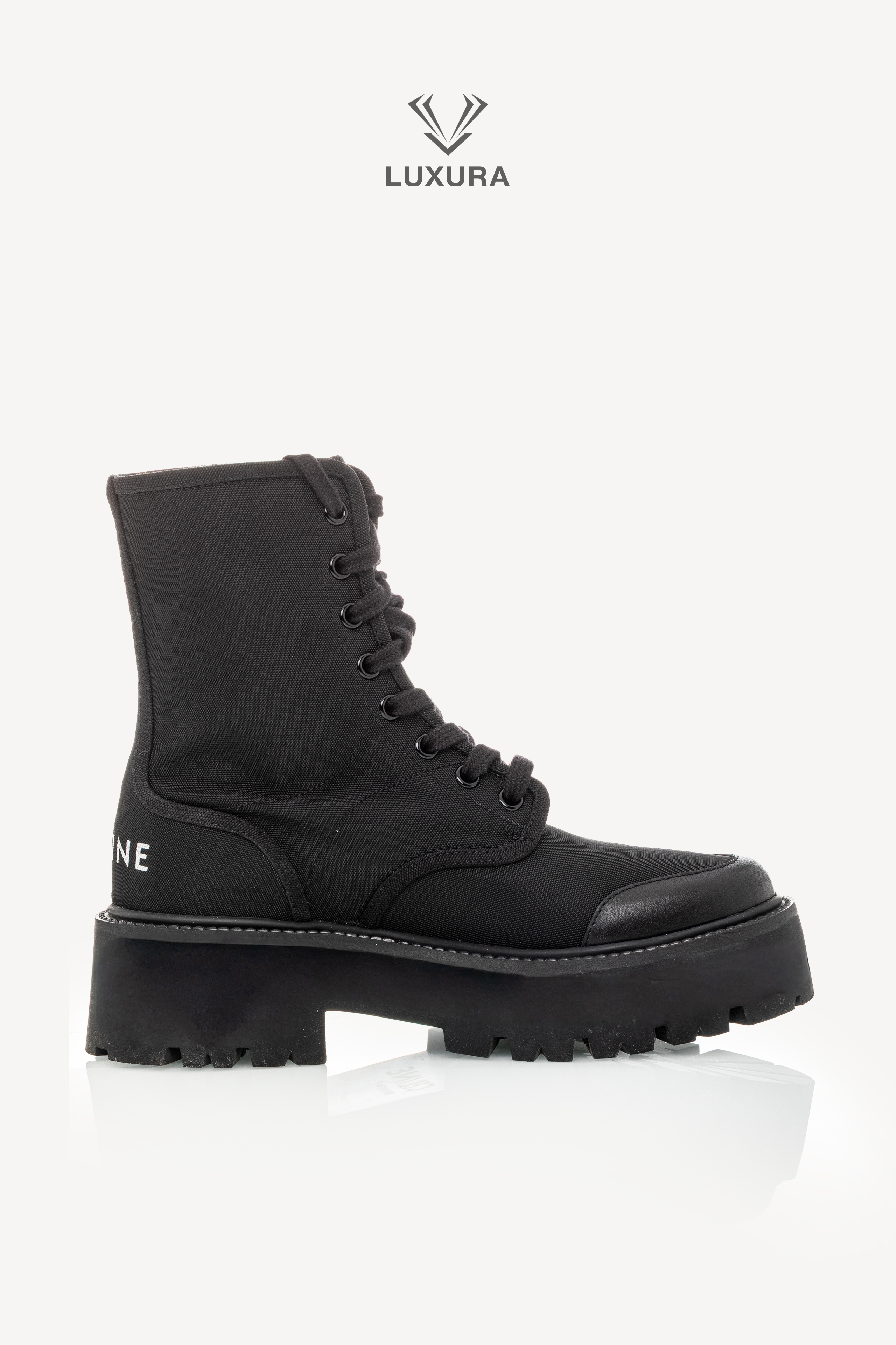 <span style="font-size: 10px;letter-spacing: .15em">NEW COLLECTION</span><br>            <strong>CELINE</strong><br>            <div style="margin-top:10px;font-size:16px">Bulky Laced Up Boot In Nylon And Shinny Bull Black 36 ( true size 36.5 )</div><br> - Image 7