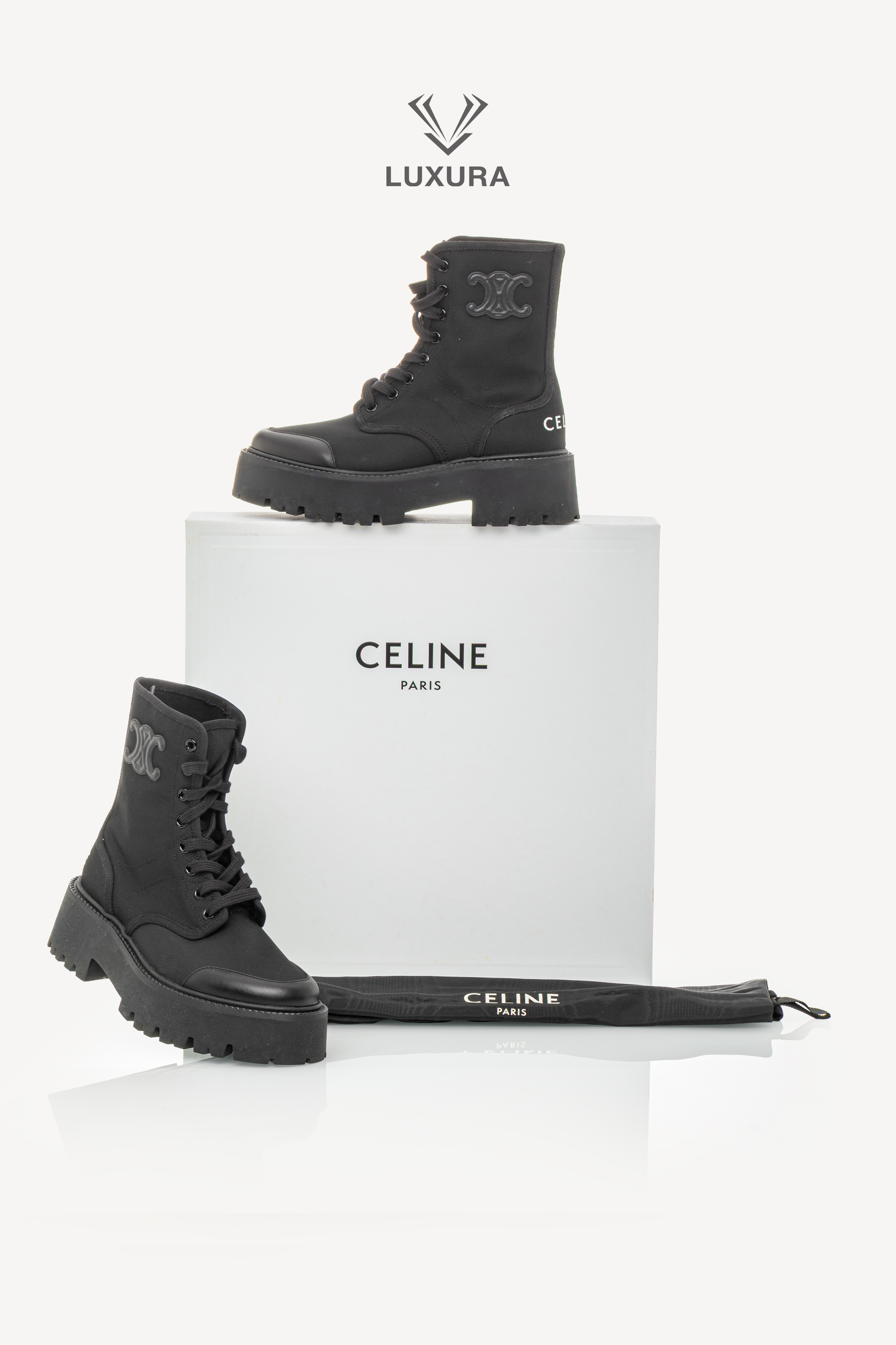 <span style="font-size: 10px;letter-spacing: .15em">NEW COLLECTION</span><br>            <strong>CELINE</strong><br>            <div style="margin-top:10px;font-size:16px">Bulky Laced Up Boot In Nylon And Shinny Bull Black 36 ( true size 36.5 )</div><br> - Image 2