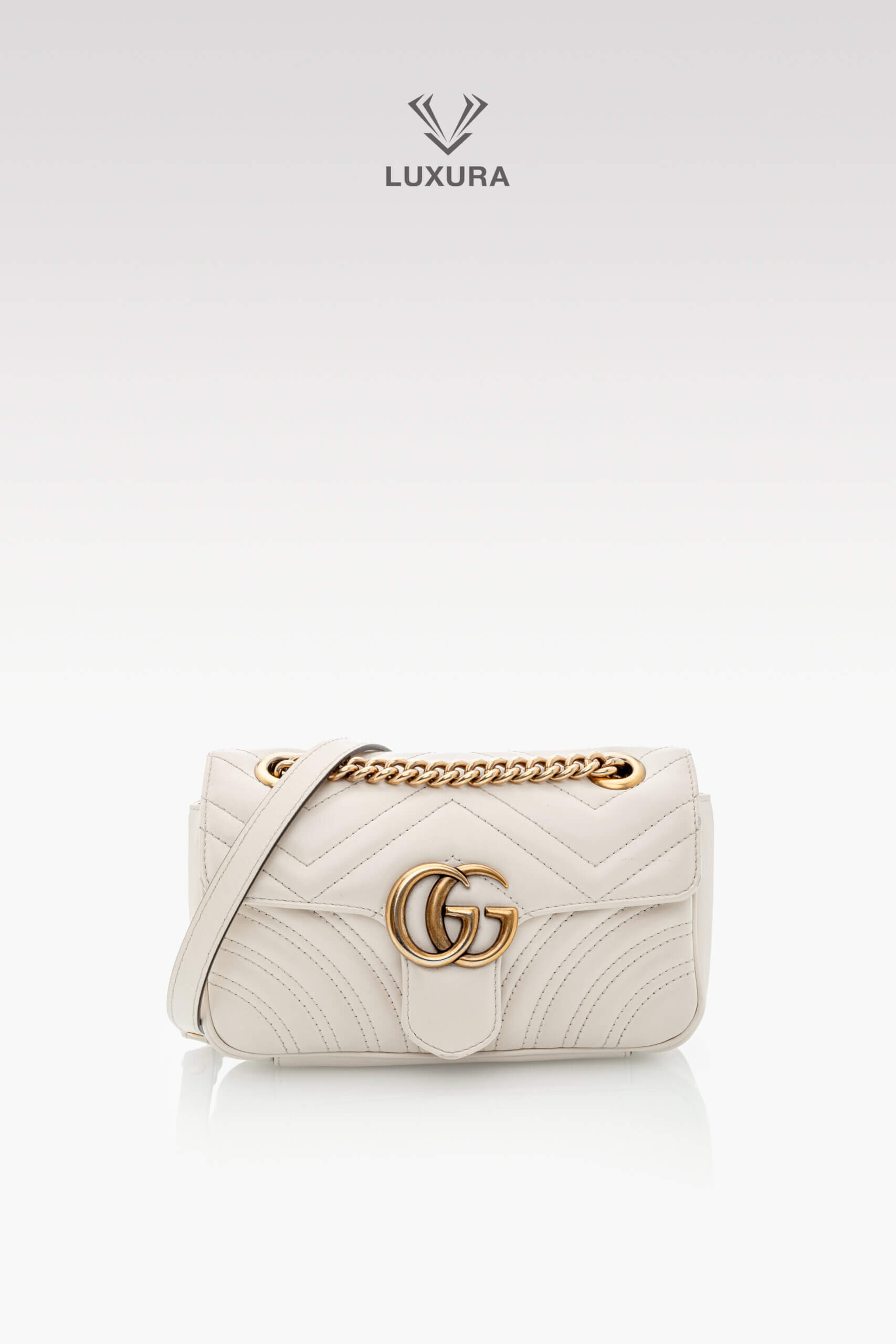 <span style="font-size: 10px;letter-spacing: .15em">BEST DEAL</span><br>            <strong>GUCCI</strong><br>            <div style="margin-top:10px;font-size:16px">Calfskin Matelasse Mini GG Marmont Shoulder Bag White</div><br>