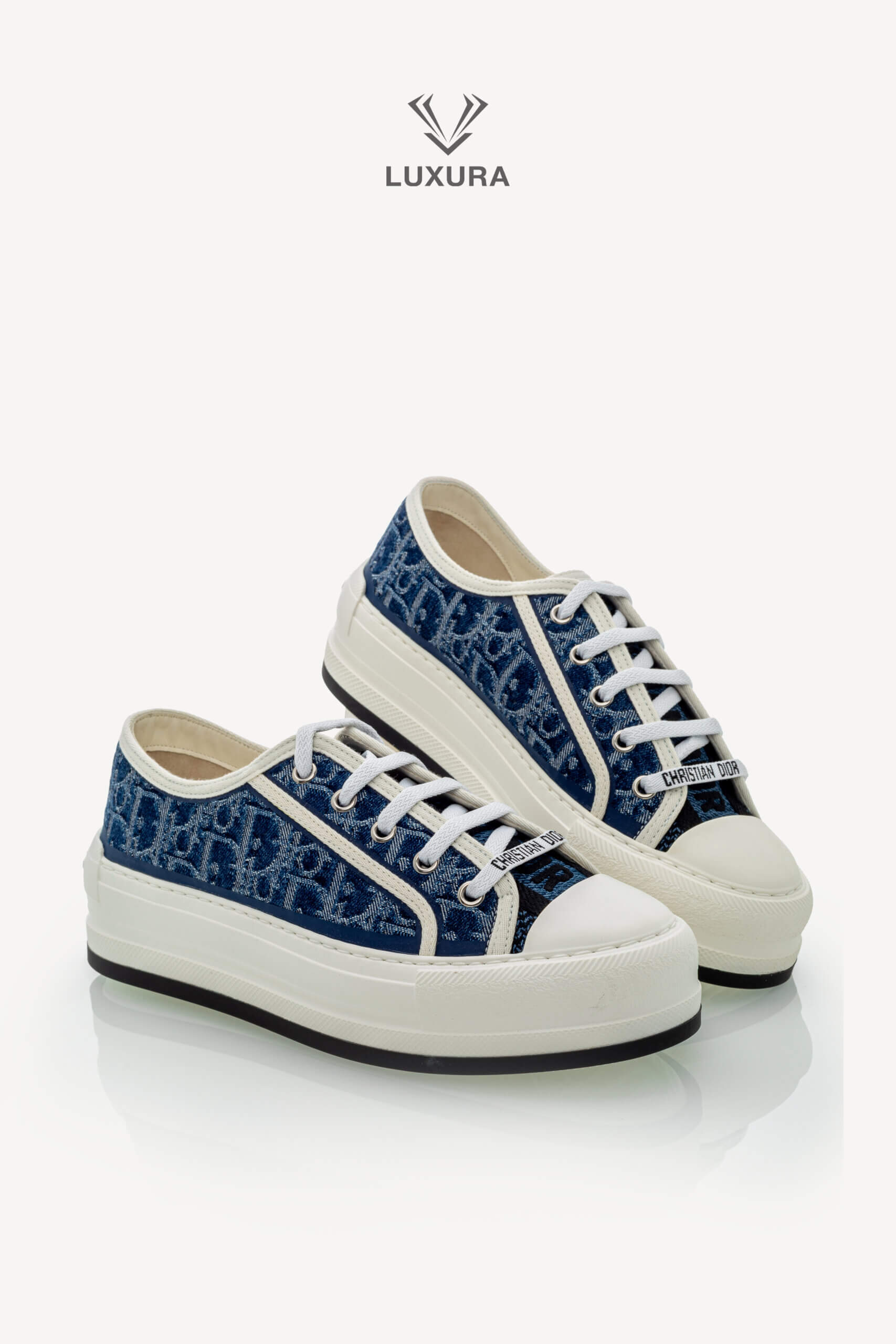 <span style="font-size: 10px;letter-spacing: .15em">NEW COLLECTION</span><br>            <strong>DIOR</strong><br>            <div style="margin-top:10px;font-size:16px">Walk n Dior Platform Sneaker Blue Effect Cotton Denim Embroidered with Dior Oblique Motif 37.5 </div><br> - Image 2