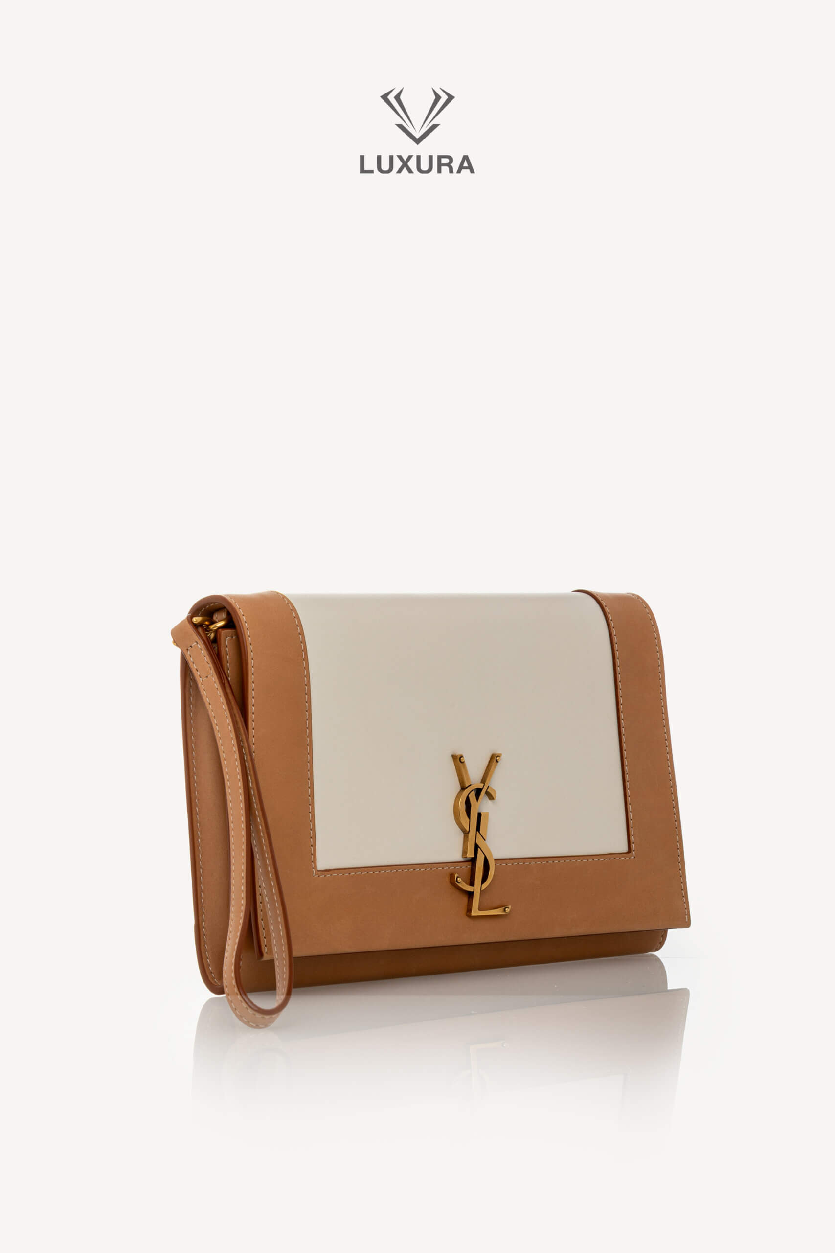<span style="font-size: 10px;letter-spacing: .15em">HARD TO FIND</span><br>            <strong>SAINT LAURENT</strong><br>            <div style="margin-top:10px;font-size:16px">Nappa Calfskin Two-Toned Monogram Pouch Off-White Brown</div><br> - Image 3