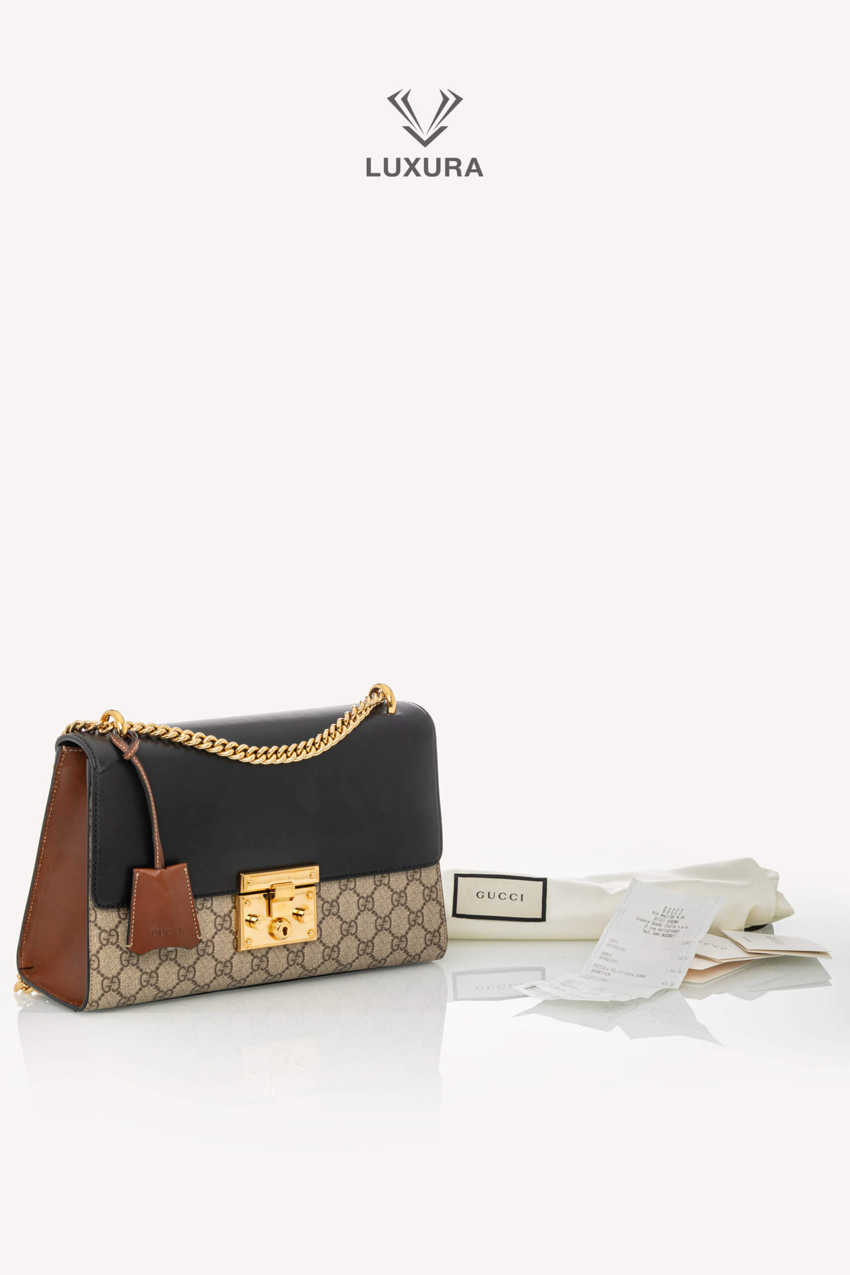 <span style="font-size: 10px;letter-spacing: .15em">IN TRENDING</span><br> <strong>GUCCI</strong><br> <div style="margin-top:10px;font-size:16px">Supreme Monogram Calfskin Medium Padlock Shoulder Bag Brown Black</div><br> - Image 2