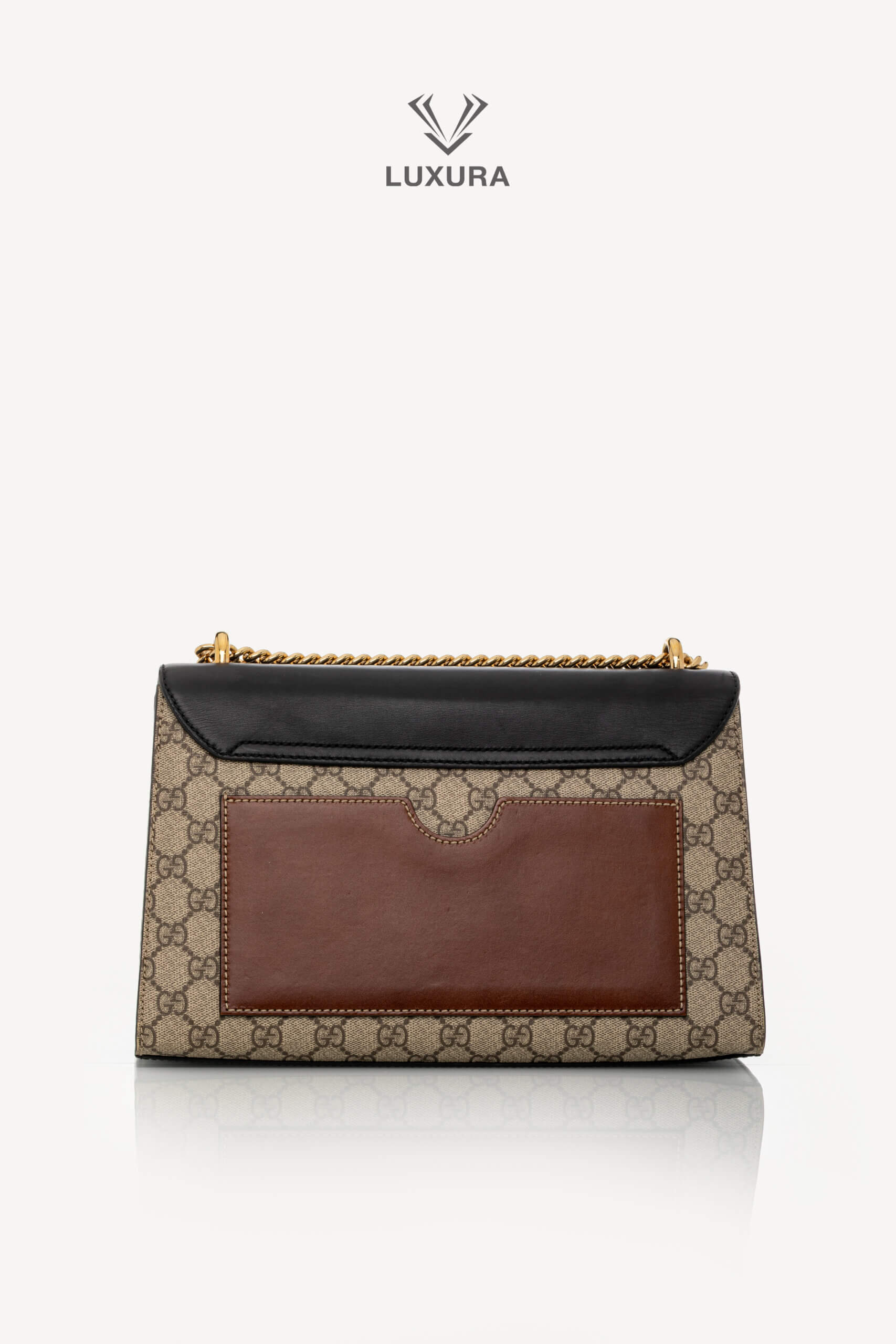 <span style="font-size: 10px;letter-spacing: .15em">IN TRENDING</span><br> <strong>GUCCI</strong><br> <div style="margin-top:10px;font-size:16px">Supreme Monogram Calfskin Medium Padlock Shoulder Bag Brown Black</div><br> - Image 5