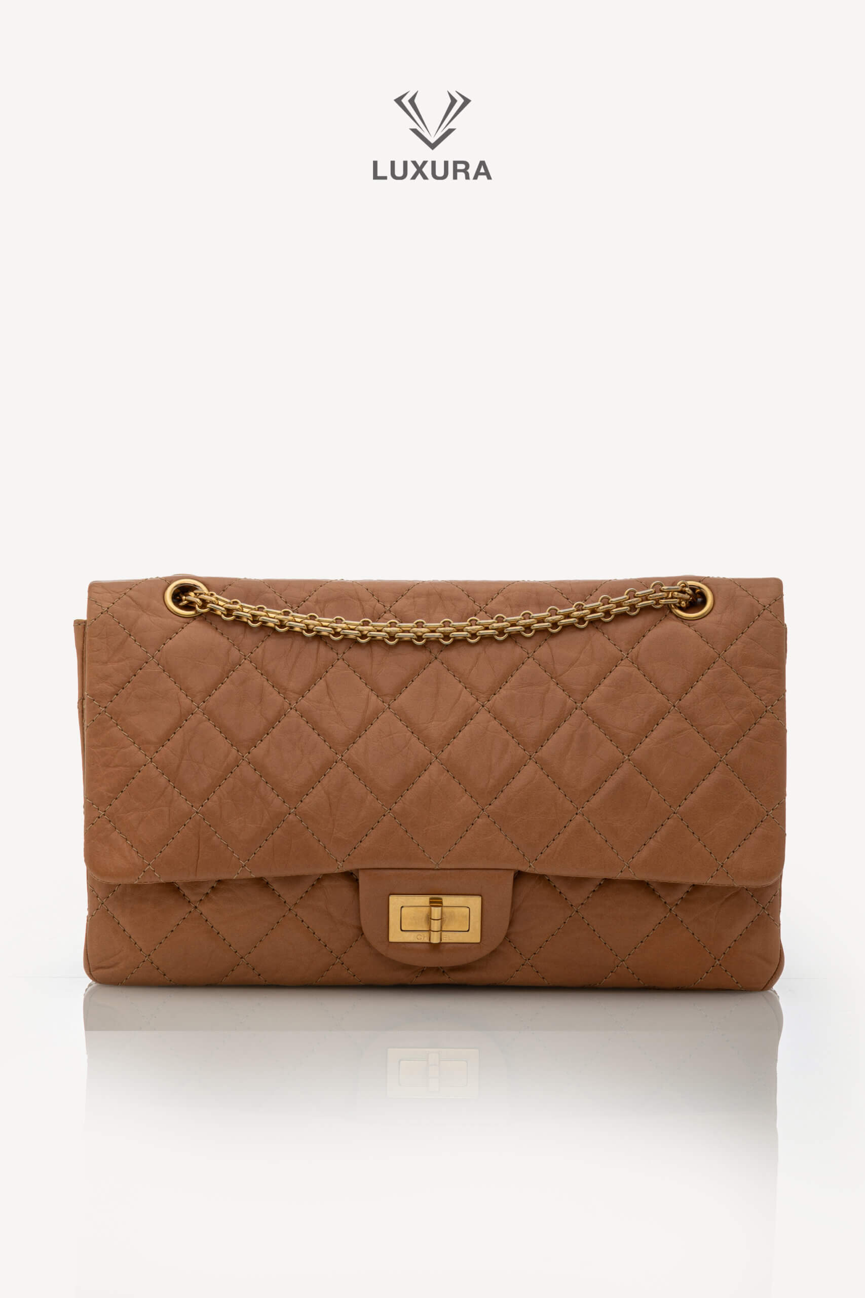 <span style="font-size: 10px;letter-spacing: .15em">HARD TO FIND</span><br><strong>CHANEL</strong><br><div style="margin-top:10px;font-size:16px">2.55 Dark Beige Distressed Calf with Gold Hardware</div><br> - Image 6