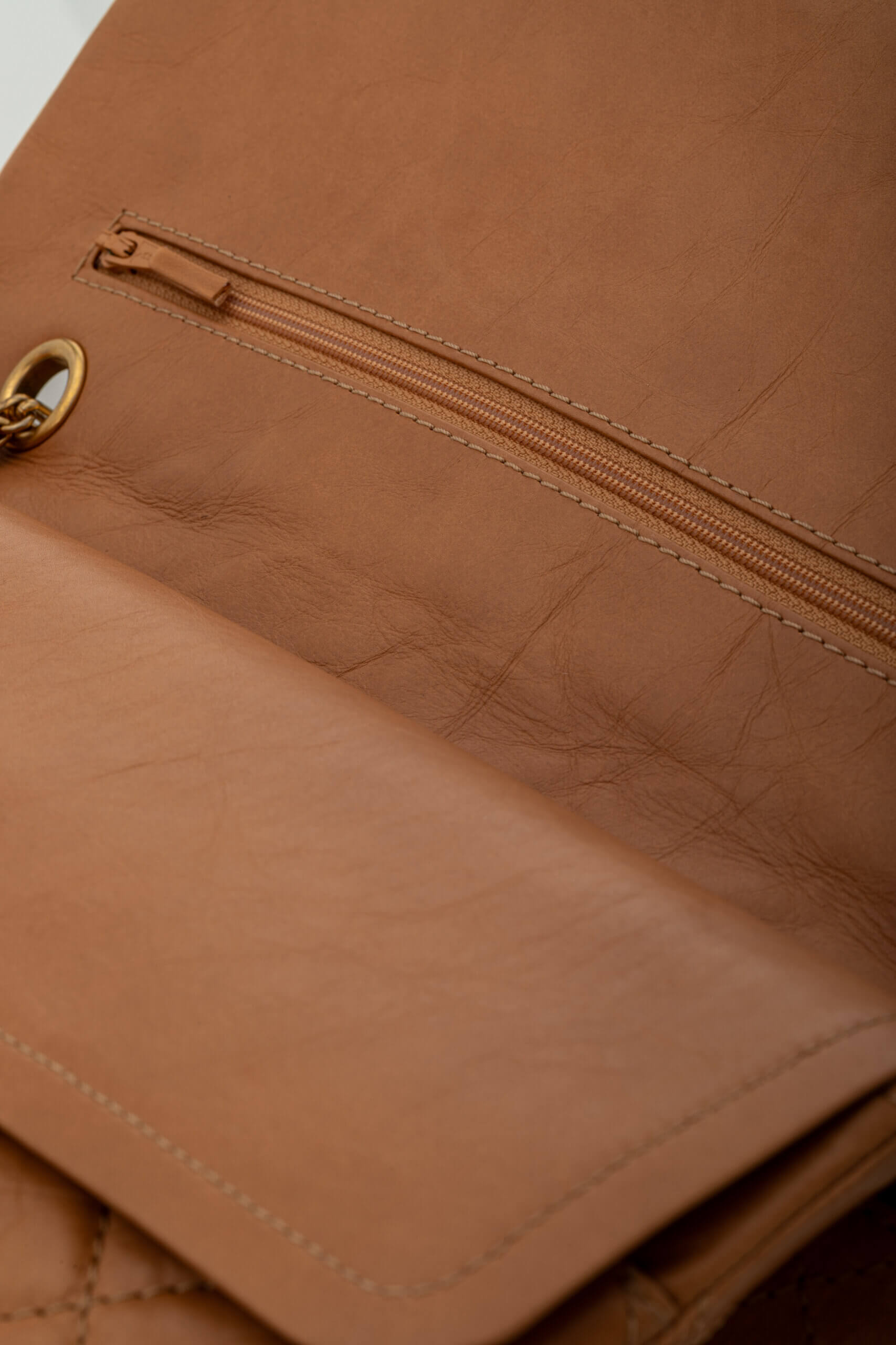 <span style="font-size: 10px;letter-spacing: .15em">HARD TO FIND</span><br><strong>CHANEL</strong><br><div style="margin-top:10px;font-size:16px">2.55 Dark Beige Distressed Calf with Gold Hardware</div><br> - Image 21