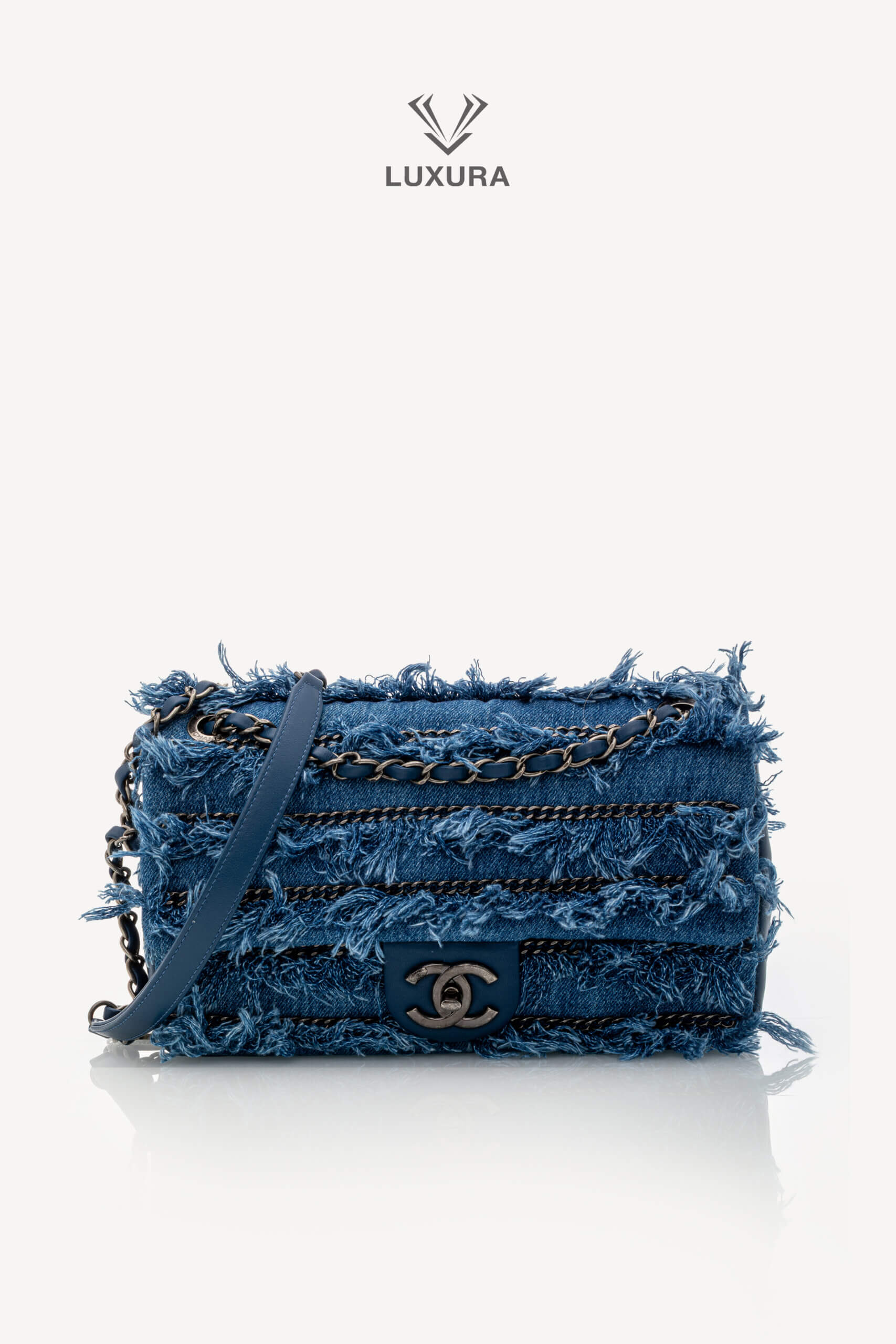 <span style="font-size: 10px;letter-spacing: .15em">HARD TO FIND</span><br><strong>CHANEL</strong><br><div style="margin-top:10px;font-size:16px">Calfskin Denim Paris Dubai Fringe Chains Small Flap Blue</div><br>