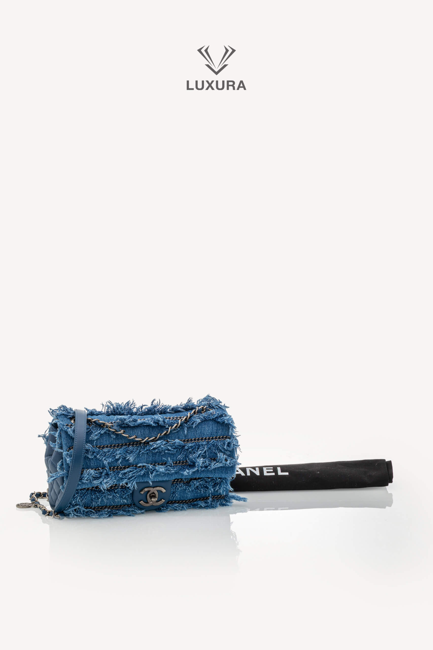 <span style="font-size: 10px;letter-spacing: .15em">HARD TO FIND</span><br><strong>CHANEL</strong><br><div style="margin-top:10px;font-size:16px">Calfskin Denim Paris Dubai Fringe Chains Small Flap Blue</div><br> - Image 33