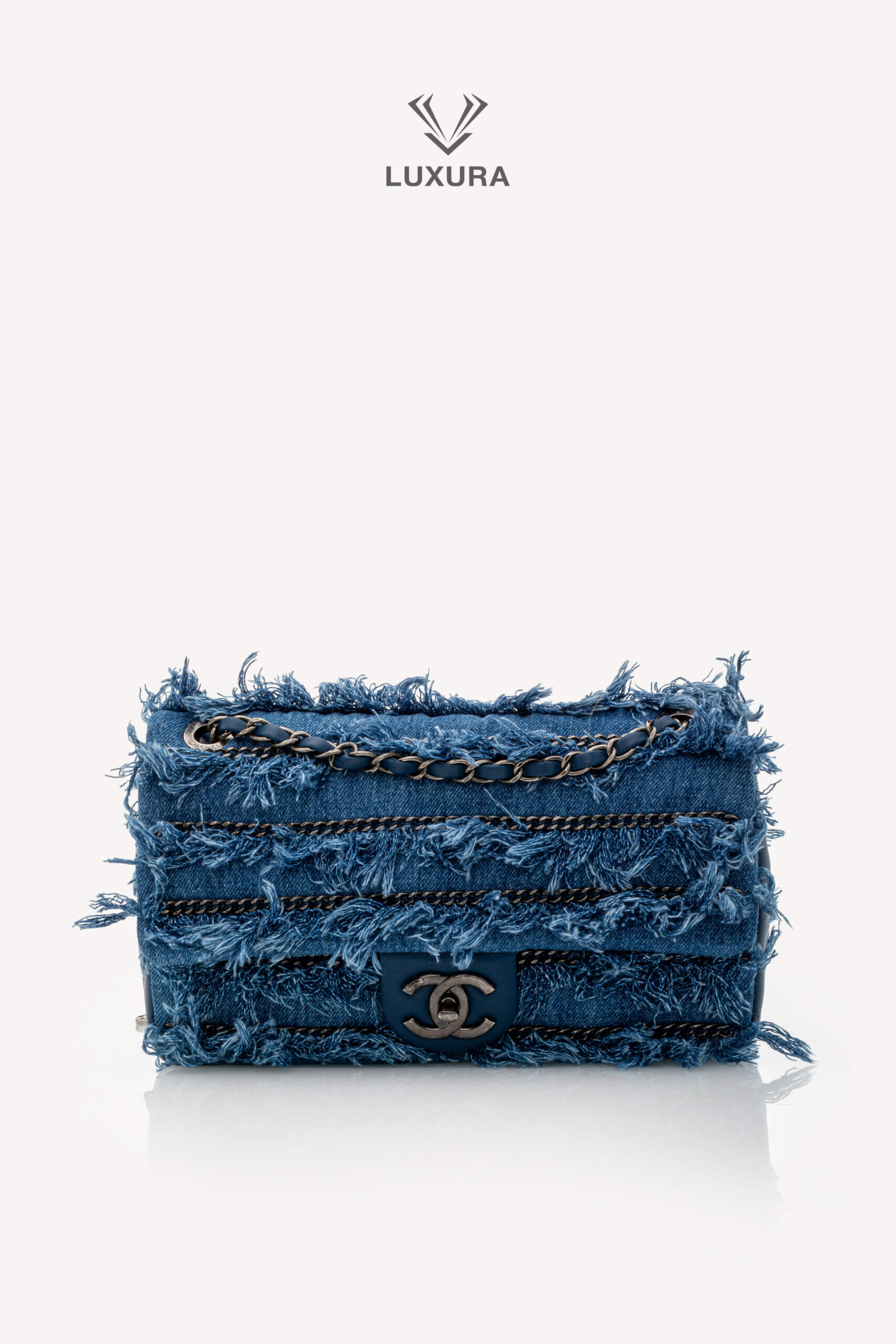 <span style="font-size: 10px;letter-spacing: .15em">HARD TO FIND</span><br><strong>CHANEL</strong><br><div style="margin-top:10px;font-size:16px">Calfskin Denim Paris Dubai Fringe Chains Small Flap Blue</div><br> - Image 26