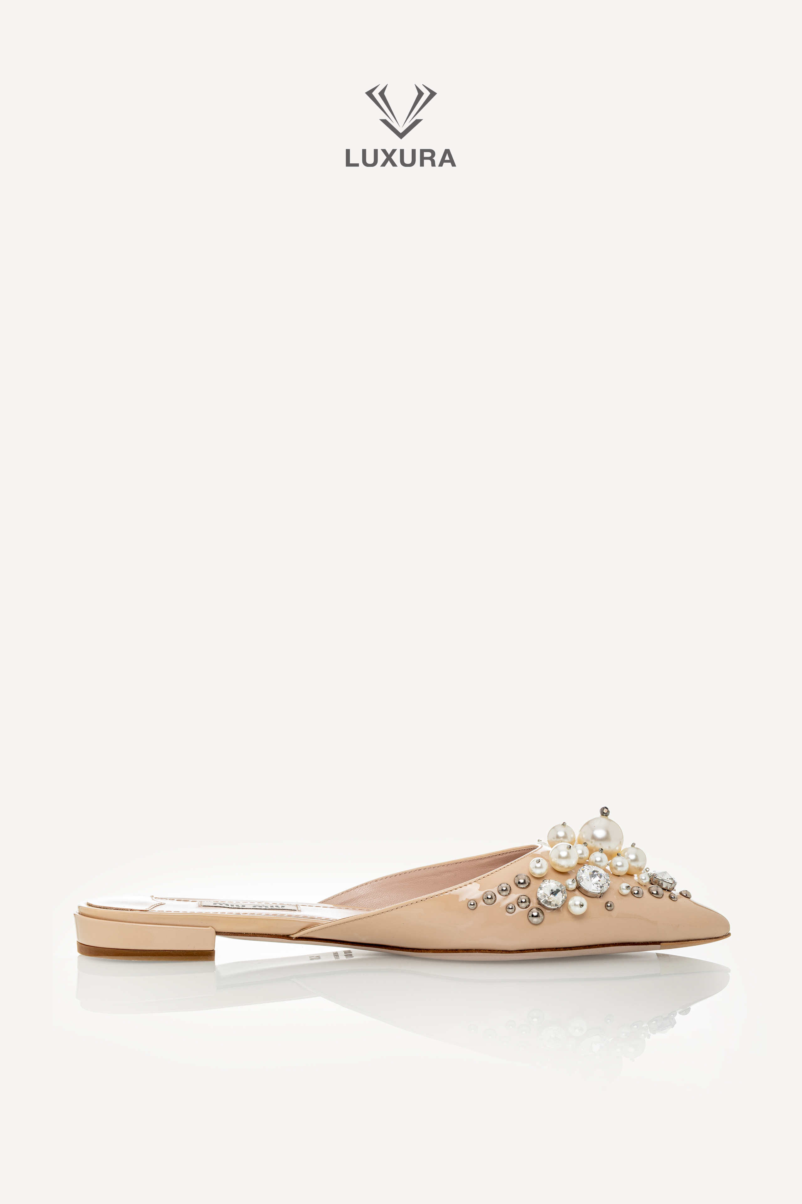 <span style="font-size: 10px;letter-spacing: .15em">BEST DEAL</span><br> <strong>MIU MIU</strong><br> <div style="margin-top:10px;font-size:16px">Patent Leather Faux Pearl Embellished Pointed Toe Mules Nude 37.5</div><br> - Image 22