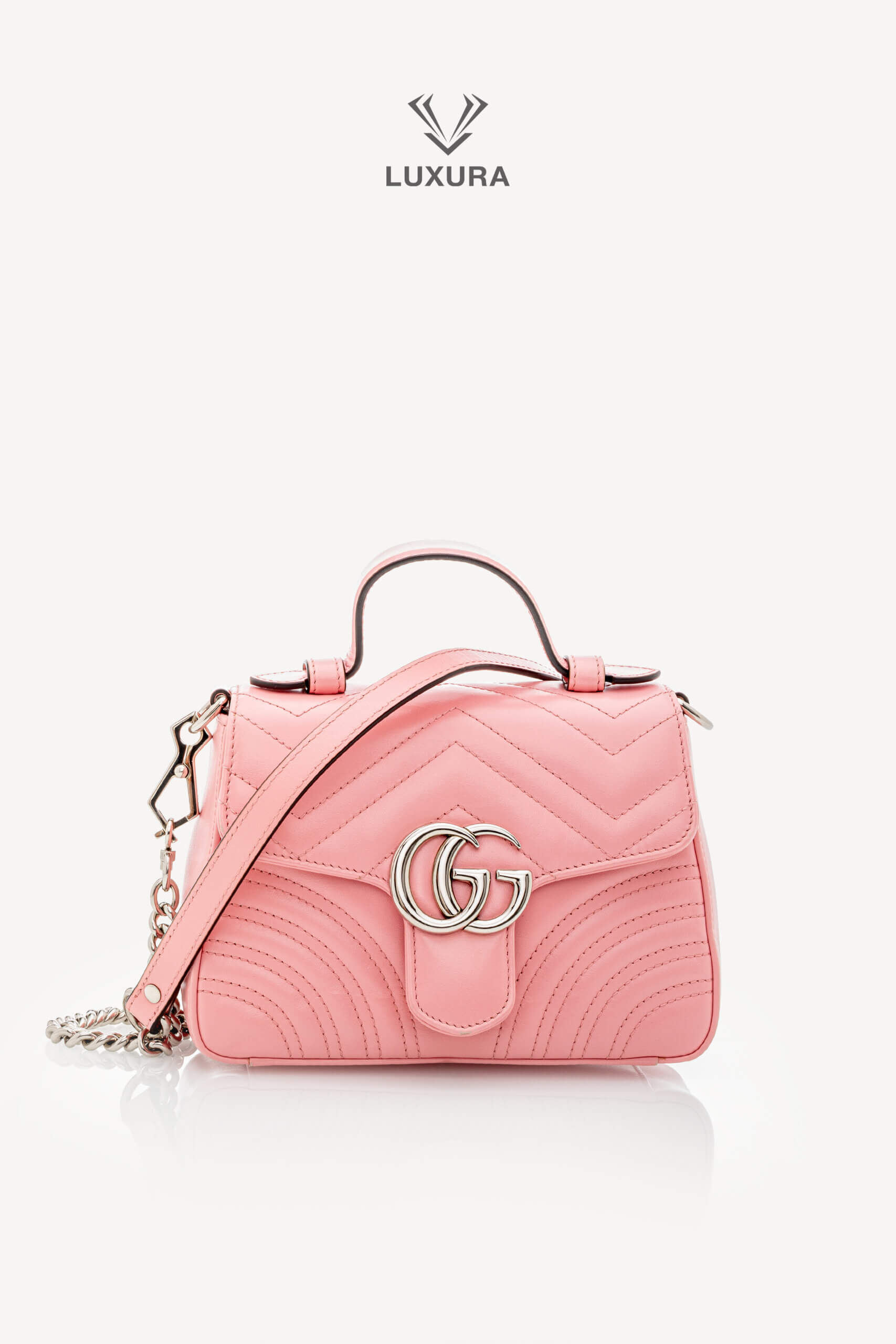 <span style="font-size: 10px;letter-spacing: .15em">BEST DEAL</span><br> <strong>GUCCI</strong><br> <div style="margin-top:10px;font-size:16px">Calfskin Matelasse Mini GG Marmont Top Handle Shoulder Bag Wild Rose</div><br> - Image 4