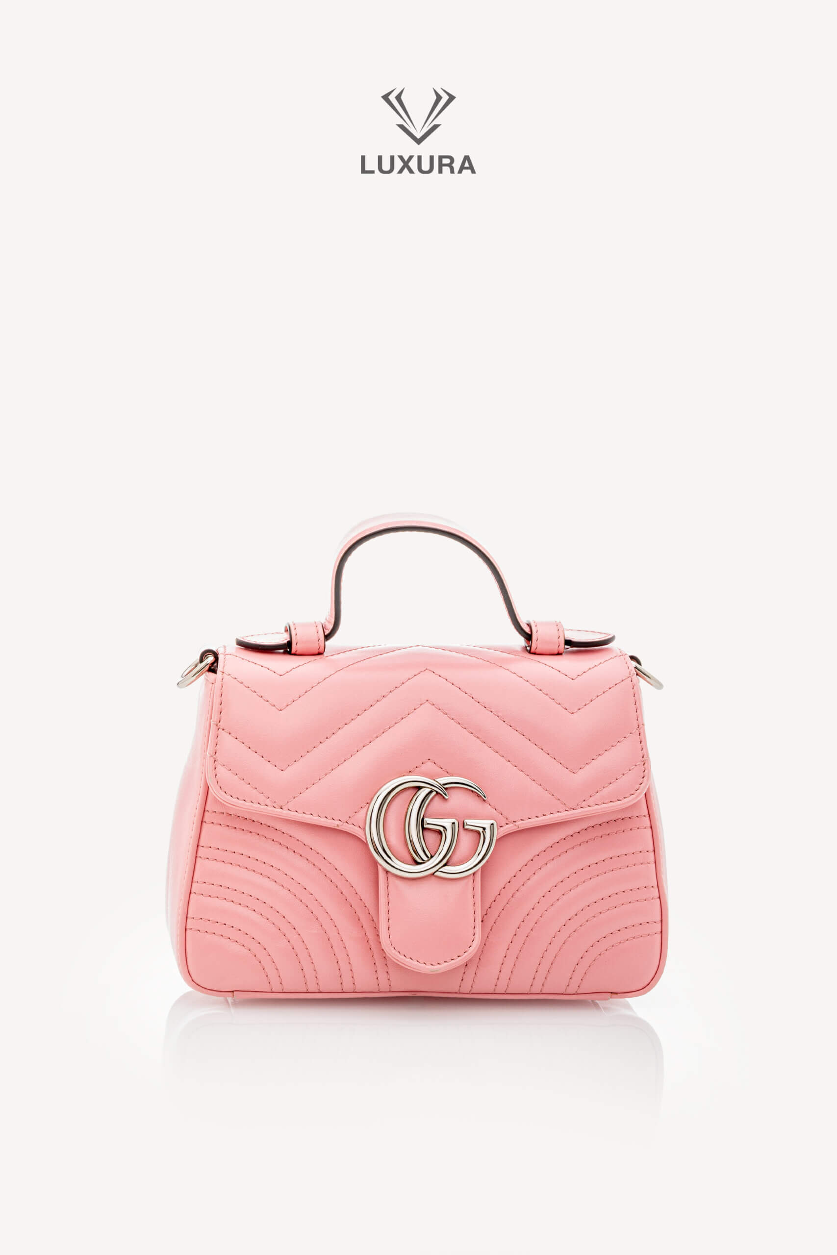 <span style="font-size: 10px;letter-spacing: .15em">BEST DEAL</span><br> <strong>GUCCI</strong><br> <div style="margin-top:10px;font-size:16px">Calfskin Matelasse Mini GG Marmont Top Handle Shoulder Bag Wild Rose</div><br> - Image 5