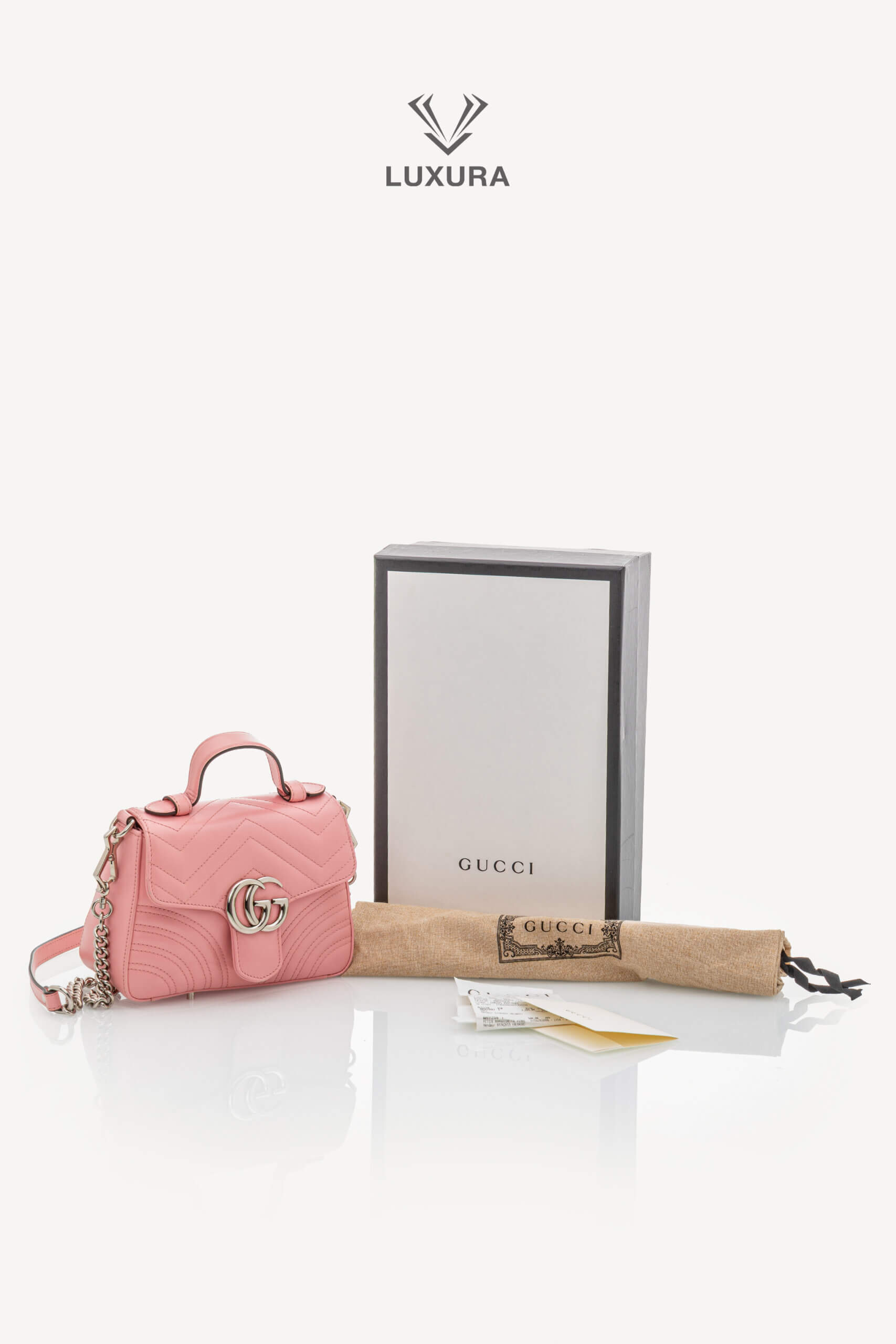 <span style="font-size: 10px;letter-spacing: .15em">BEST DEAL</span><br> <strong>GUCCI</strong><br> <div style="margin-top:10px;font-size:16px">Calfskin Matelasse Mini GG Marmont Top Handle Shoulder Bag Wild Rose</div><br> - Image 2