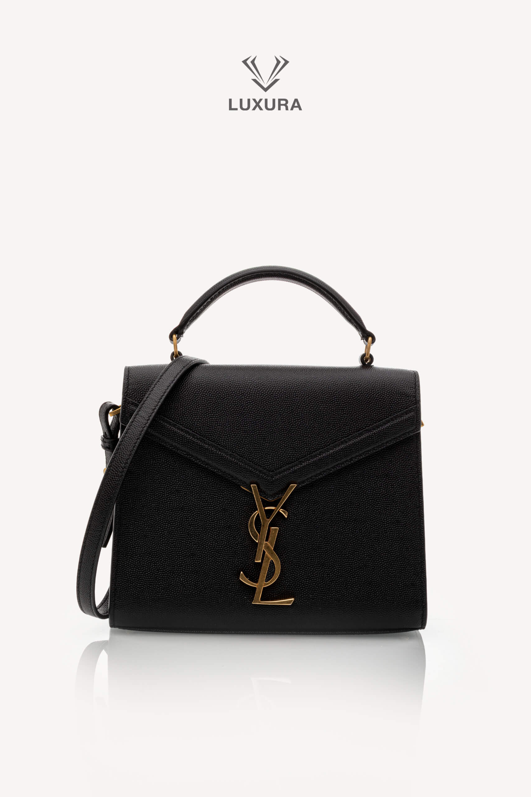 <span style="font-size: 10px;letter-spacing: .15em">HARD TO FIND</span><br>            <strong>SAINT LAURENT</strong><br>            <div style="margin-top:10px;font-size:16px">Cassandra Mini Top Handle In Grain De Poudre Embossed Leather Black</div><br>