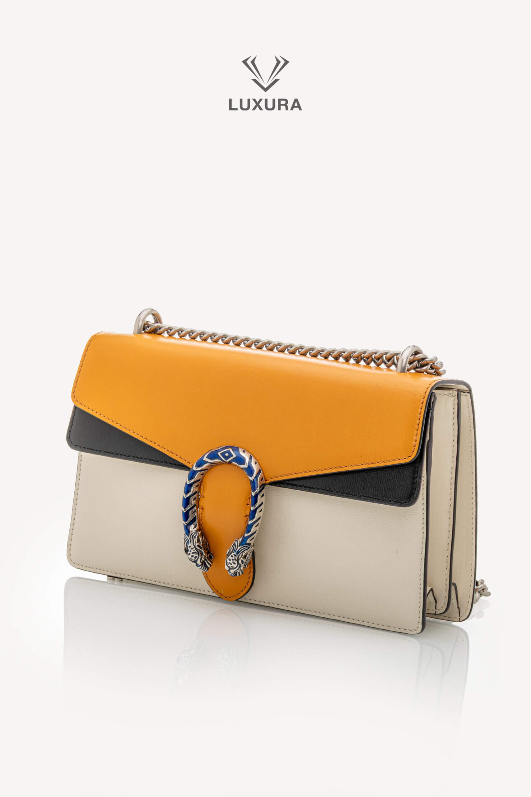 <span style="font-size: 10px;letter-spacing: .15em">HARD TO FIND</span><br> <strong>GUCCI</strong><br> <div style="margin-top:10px;font-size:16px">Azalea Calfski Tricolor Small Dionysus Shoulder Bag><br> - Image 9