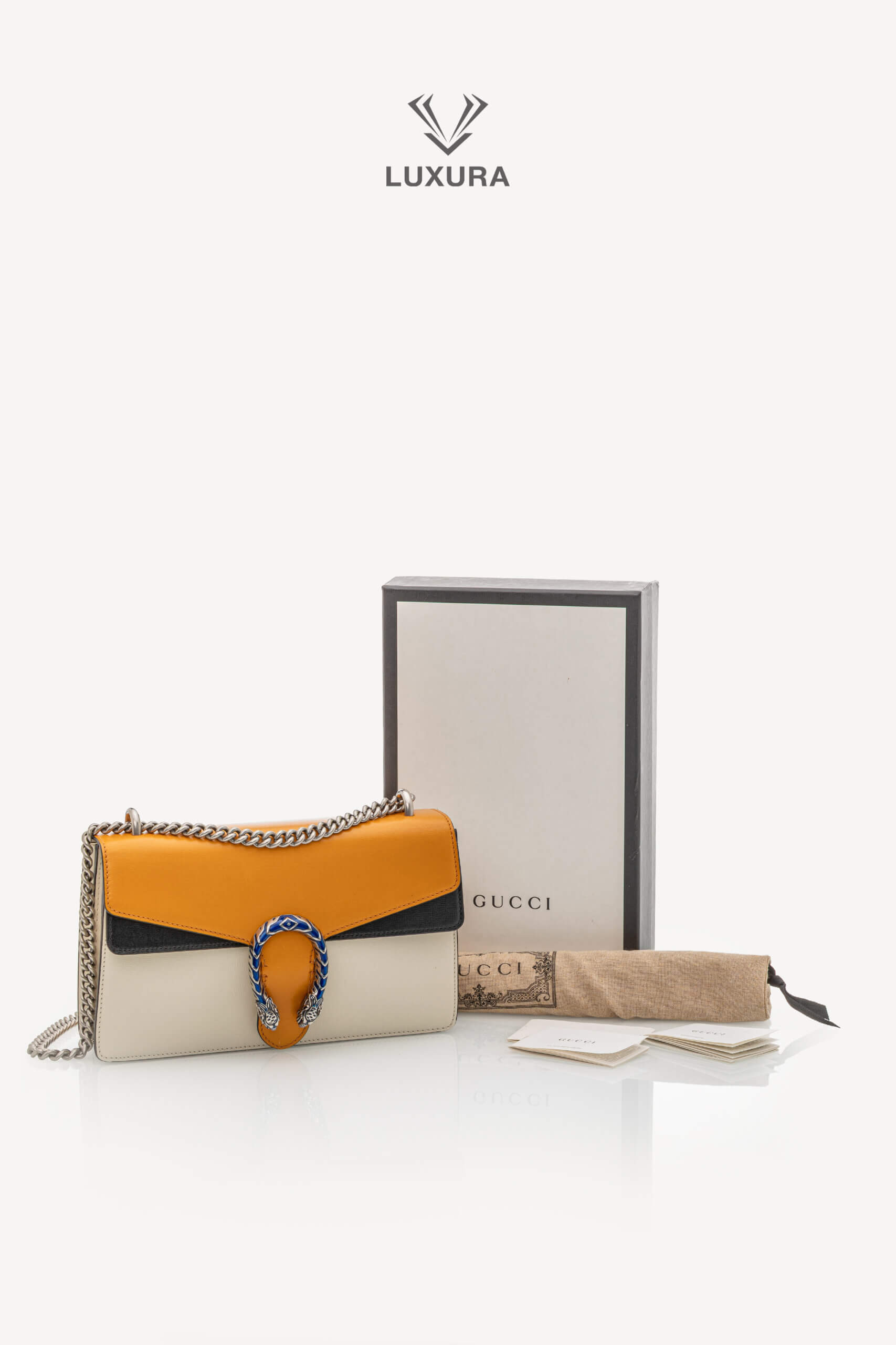 <span style="font-size: 10px;letter-spacing: .15em">HARD TO FIND</span><br> <strong>GUCCI</strong><br> <div style="margin-top:10px;font-size:16px">Azalea Calfski Tricolor Small Dionysus Shoulder Bag><br> - Image 2