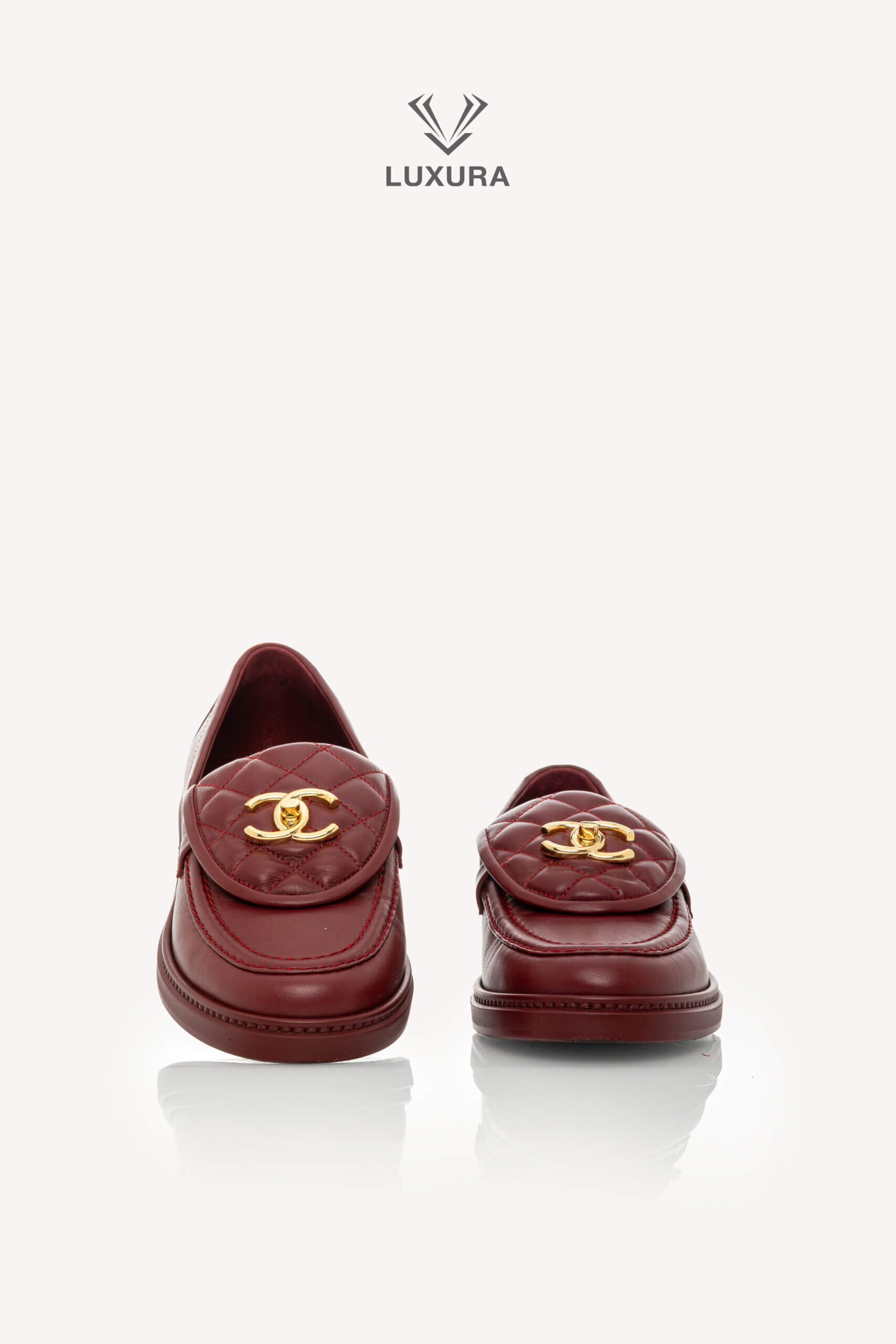 <span style="font-size: 10px;letter-spacing: .15em">HARD TO FIND</span><br> <strong>CHANEL</strong><br> <div style="margin-top:10px;font-size:16px">Crumpled Lambskin Quilted CC Turnlock Moccasins Burgundy 37C</div><br> - Image 6