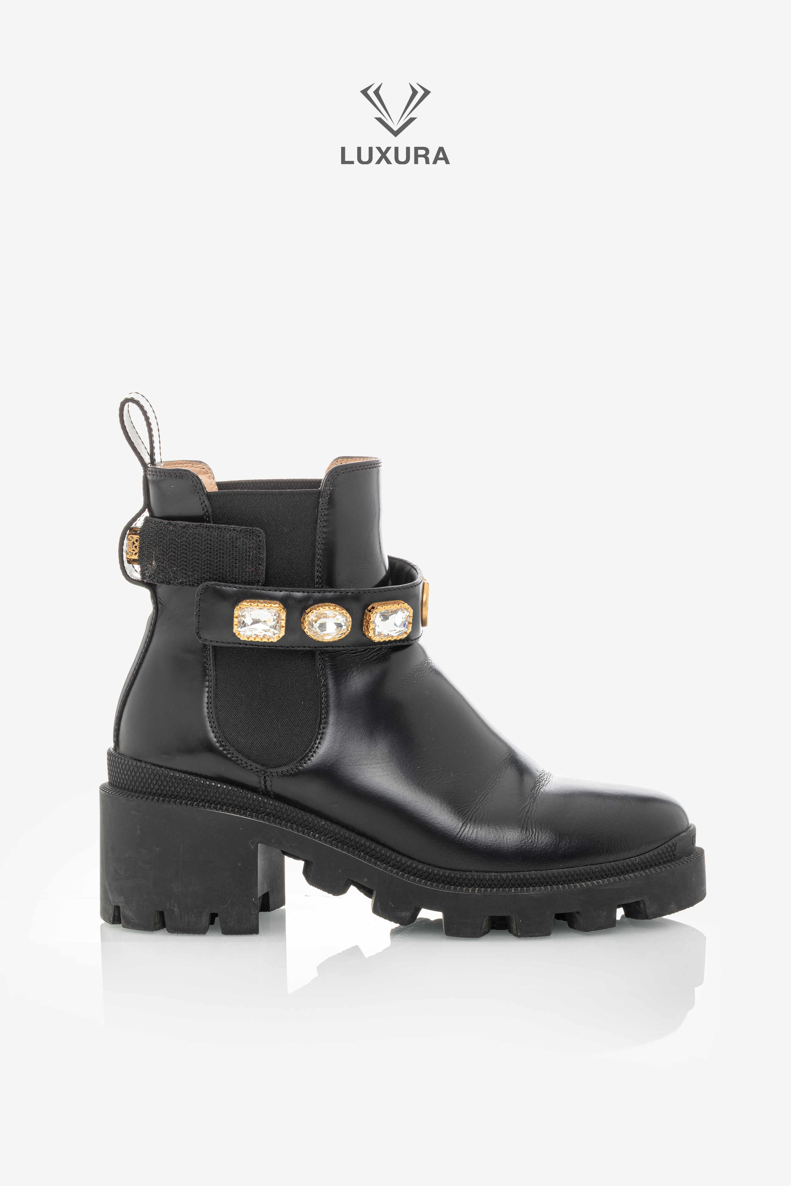<span style="font-size: 10px;letter-spacing: .15em">BEST DEAL</span><br> <strong>GUCCI</strong><br> <div style="margin-top:10px;font-size:16px">Calfskin Crystal GG Trip Chelsea Ankle Boots Black 36</div><br> - Image 7