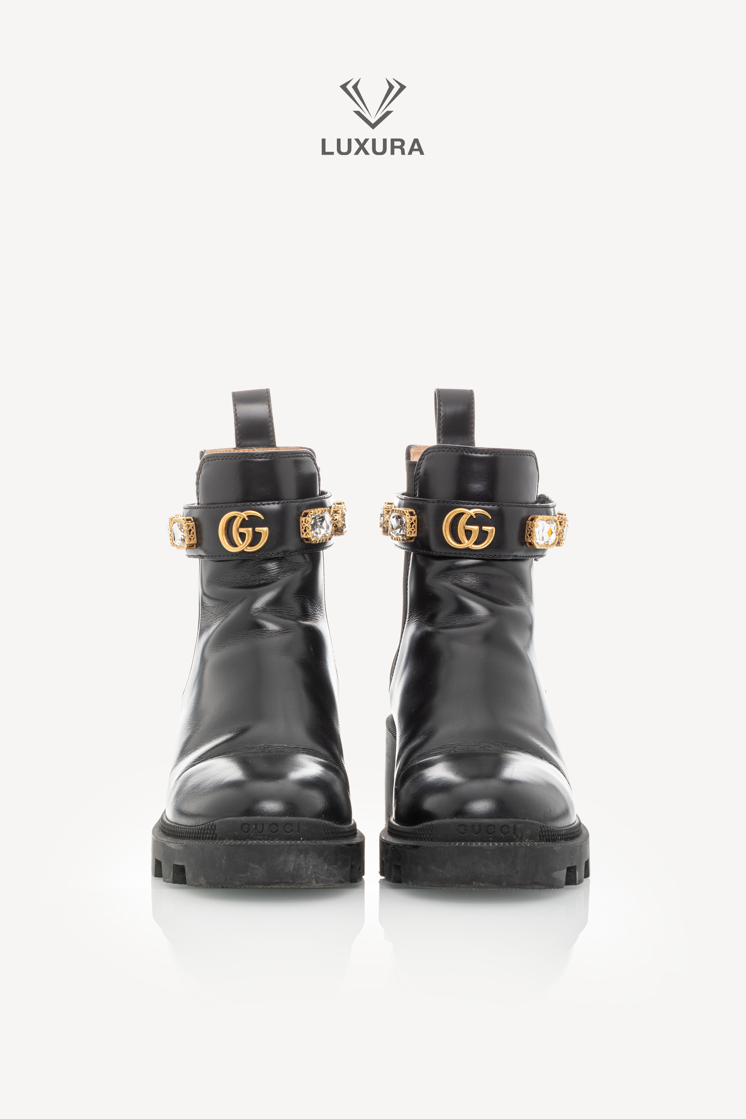 <span style="font-size: 10px;letter-spacing: .15em">BEST DEAL</span><br> <strong>GUCCI</strong><br> <div style="margin-top:10px;font-size:16px">Calfskin Crystal GG Trip Chelsea Ankle Boots Black 36</div><br> - Image 4