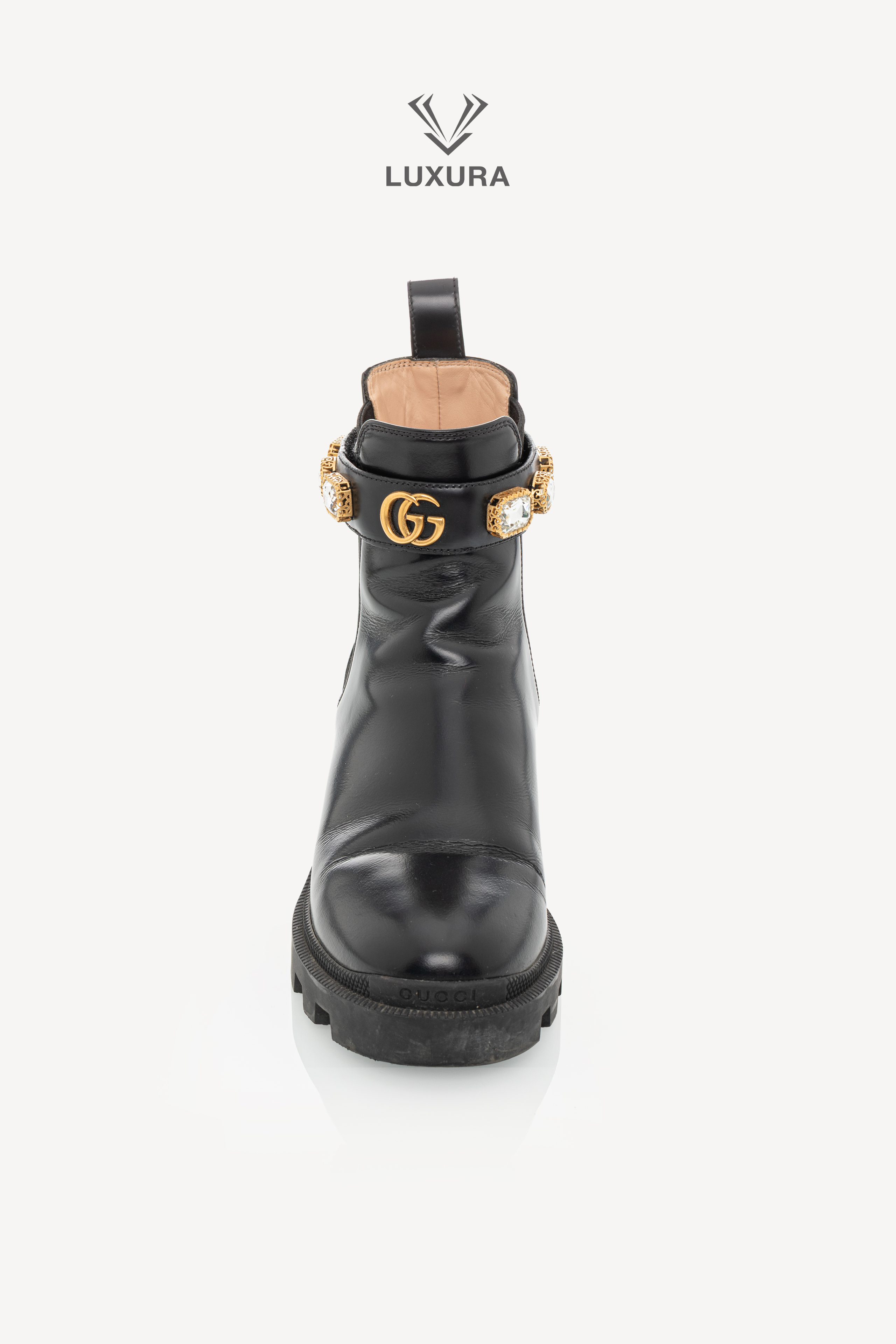 <span style="font-size: 10px;letter-spacing: .15em">BEST DEAL</span><br> <strong>GUCCI</strong><br> <div style="margin-top:10px;font-size:16px">Calfskin Crystal GG Trip Chelsea Ankle Boots Black 36</div><br> - Image 9