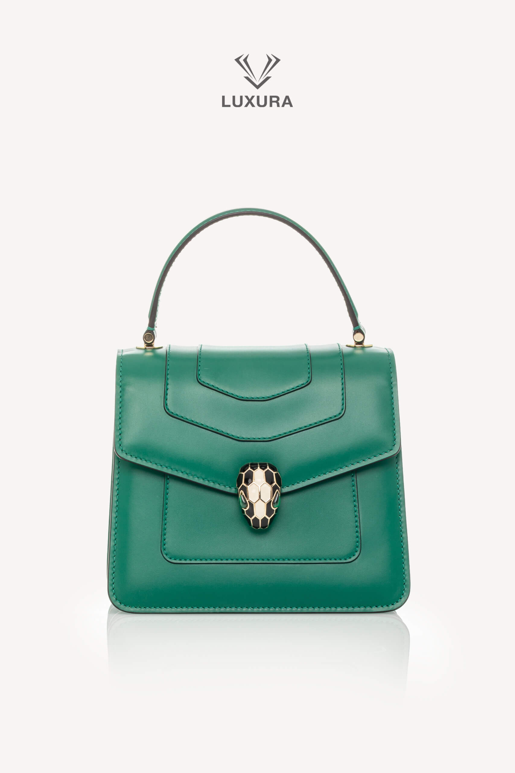 <span style="font-size: 10px;letter-spacing: .15em"></span><br> <strong>BVLGARI</strong><br> <div style="margin-top:10px;font-size:16px">Calfskin Serpenti Forever Top Handle Bag Emerald Green</div><br> - Image 5