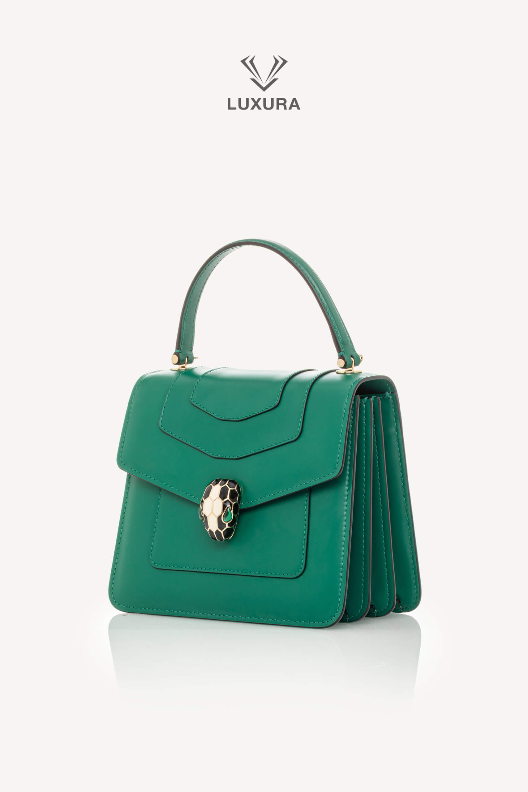 <span style="font-size: 10px;letter-spacing: .15em"></span><br> <strong>BVLGARI</strong><br> <div style="margin-top:10px;font-size:16px">Calfskin Serpenti Forever Top Handle Bag Emerald Green</div><br> - Image 8