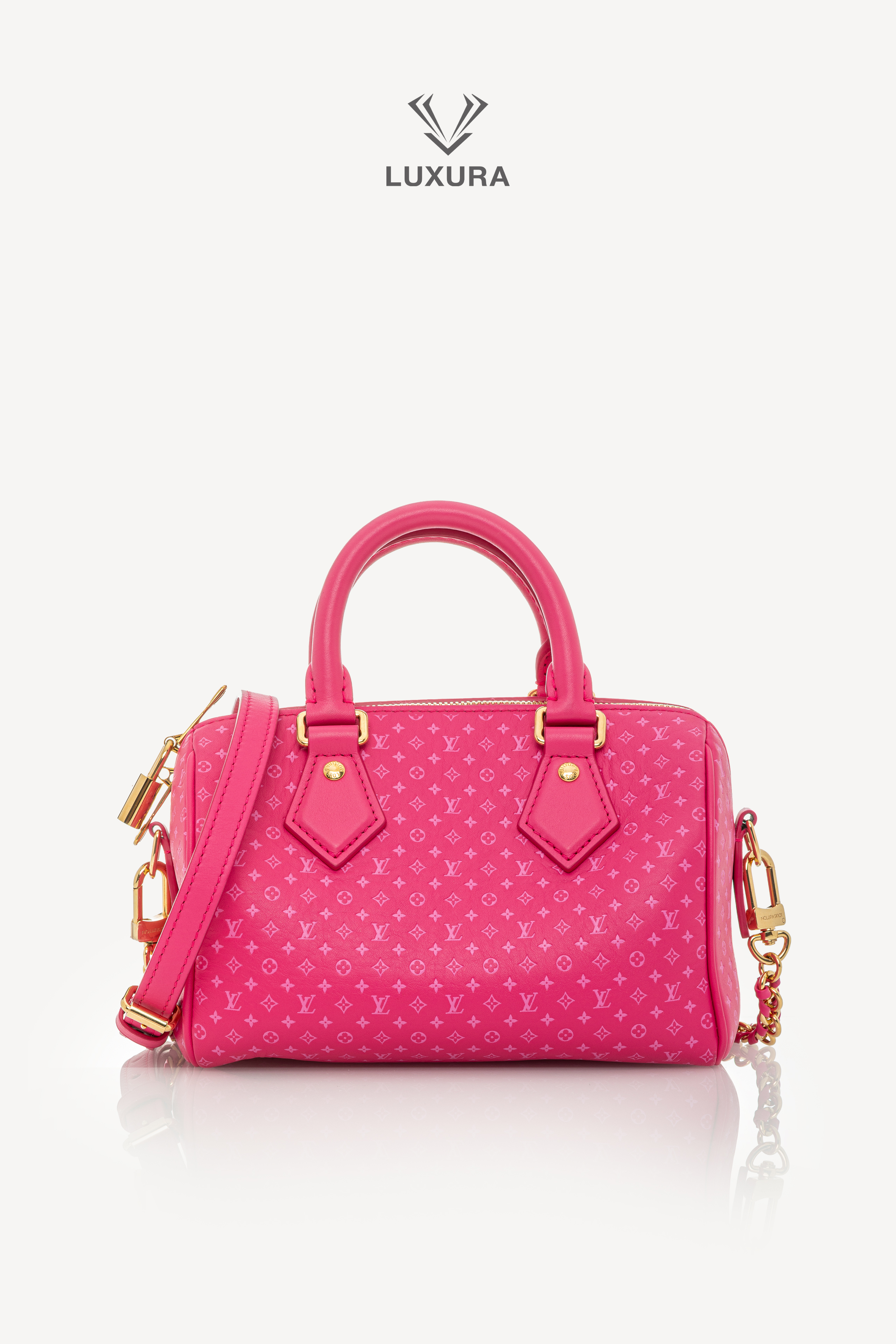 <span style="font-size: 10px;letter-spacing: .15em">HARD TO FIND</span><br>            <strong>LOUIS VUITTON</strong><br>            <div style="margin-top:10px;font-size:16px">Calfskin Nanogram Embossed Speedy Bandouliere 20 Rose</div><br>