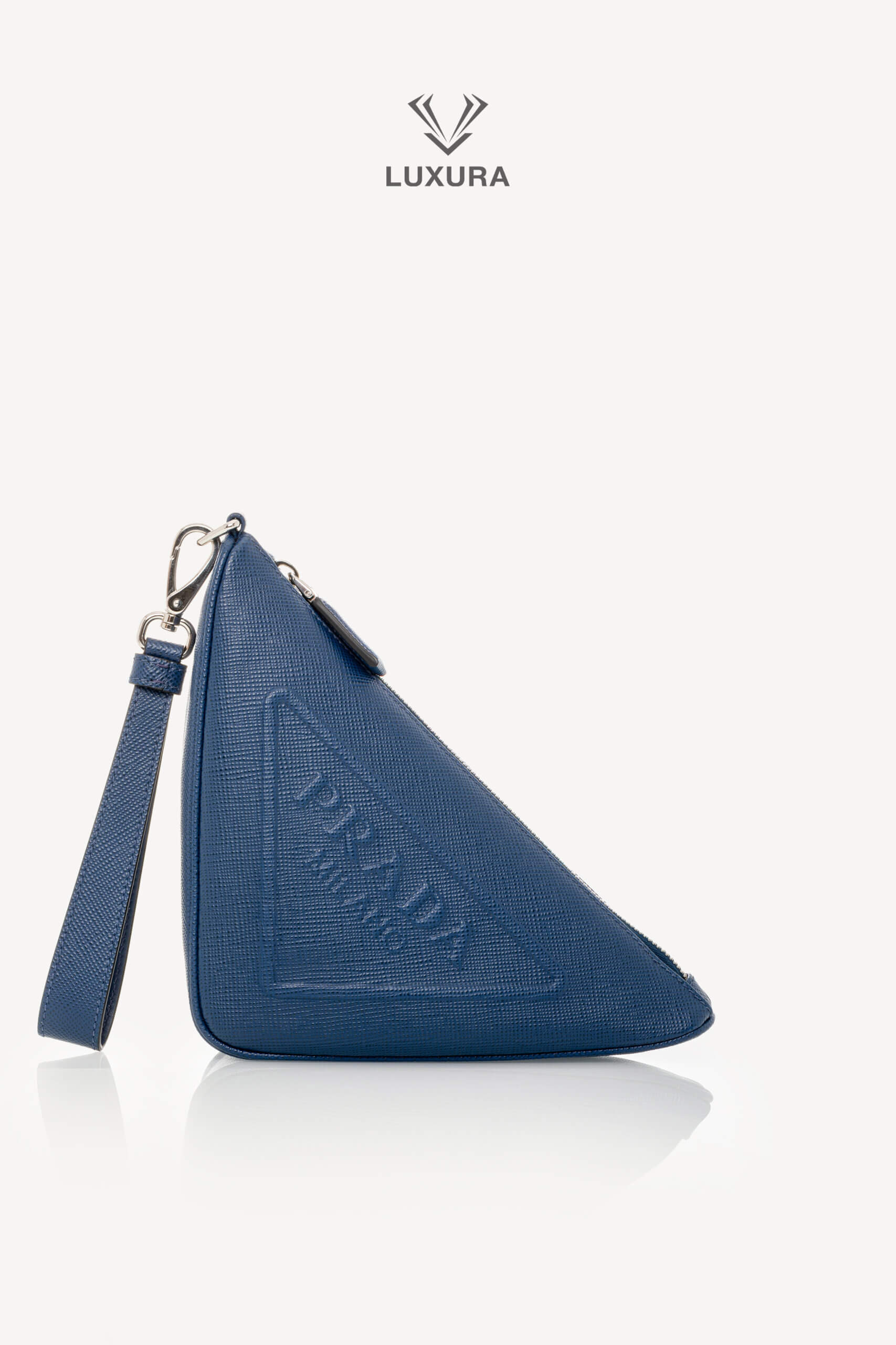 <span style="font-size: 10px;letter-spacing: .15em">BEST DEAL</span><br>            <strong>PRADA</strong><br>            <div style="margin-top:10px;font-size:16px">Triangle Logo Wristlet Pouch Embossed Saffiano Leather Blue</div><br>