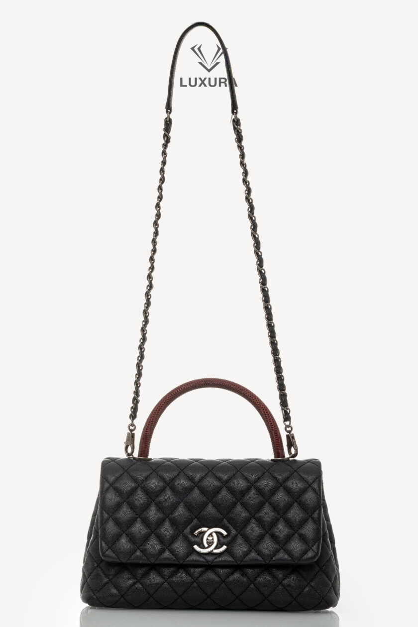 CHANEL Lizard Embossed Quilted Large Coco Handle Flap Black