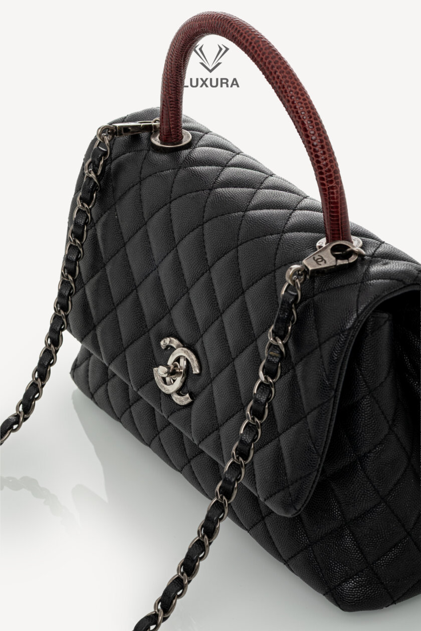 CHANEL Lizard Embossed Quilted Large Coco Handle Flap Black