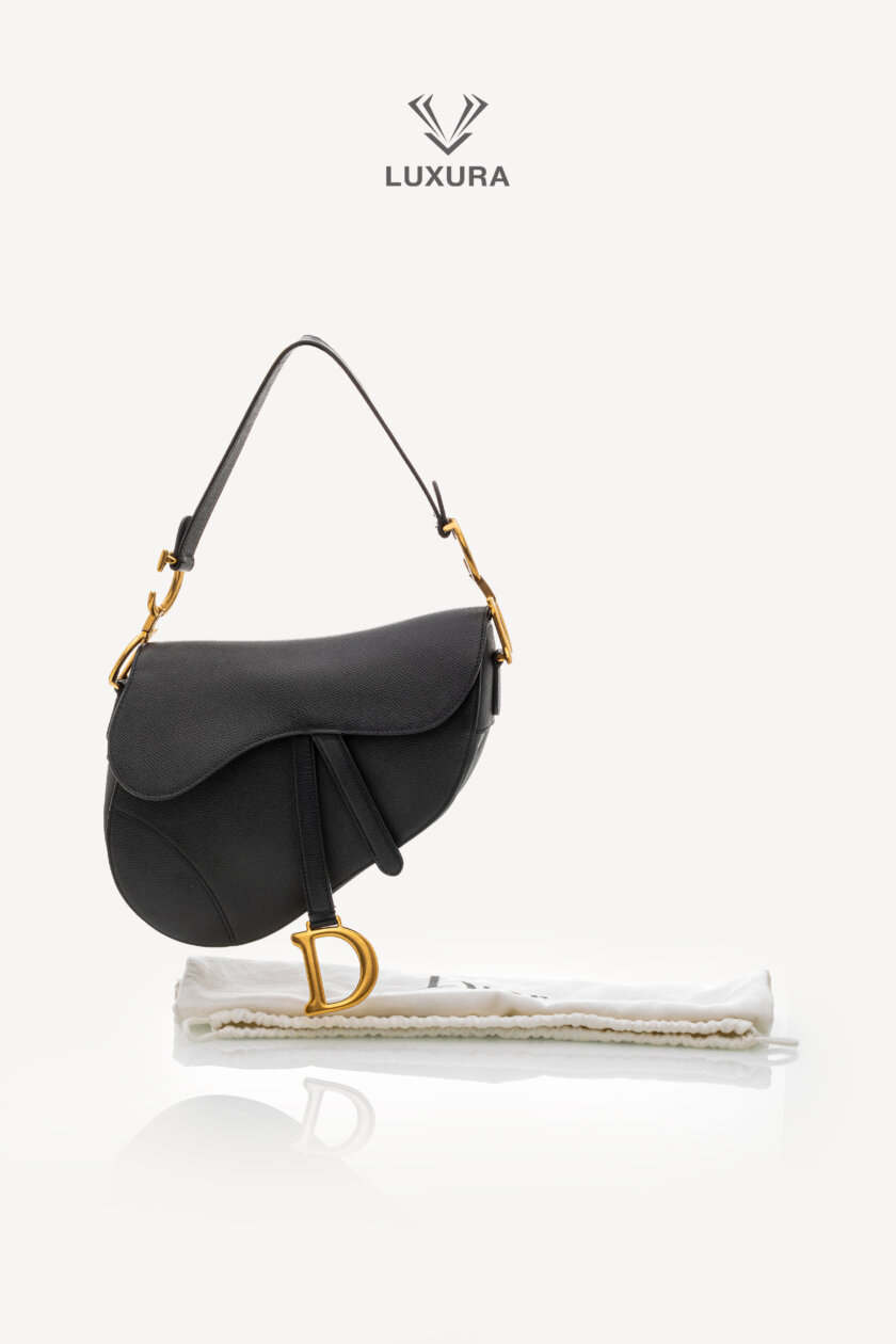 CHRISTIAN DIOR Grained Calfskin Saddle Bag Black