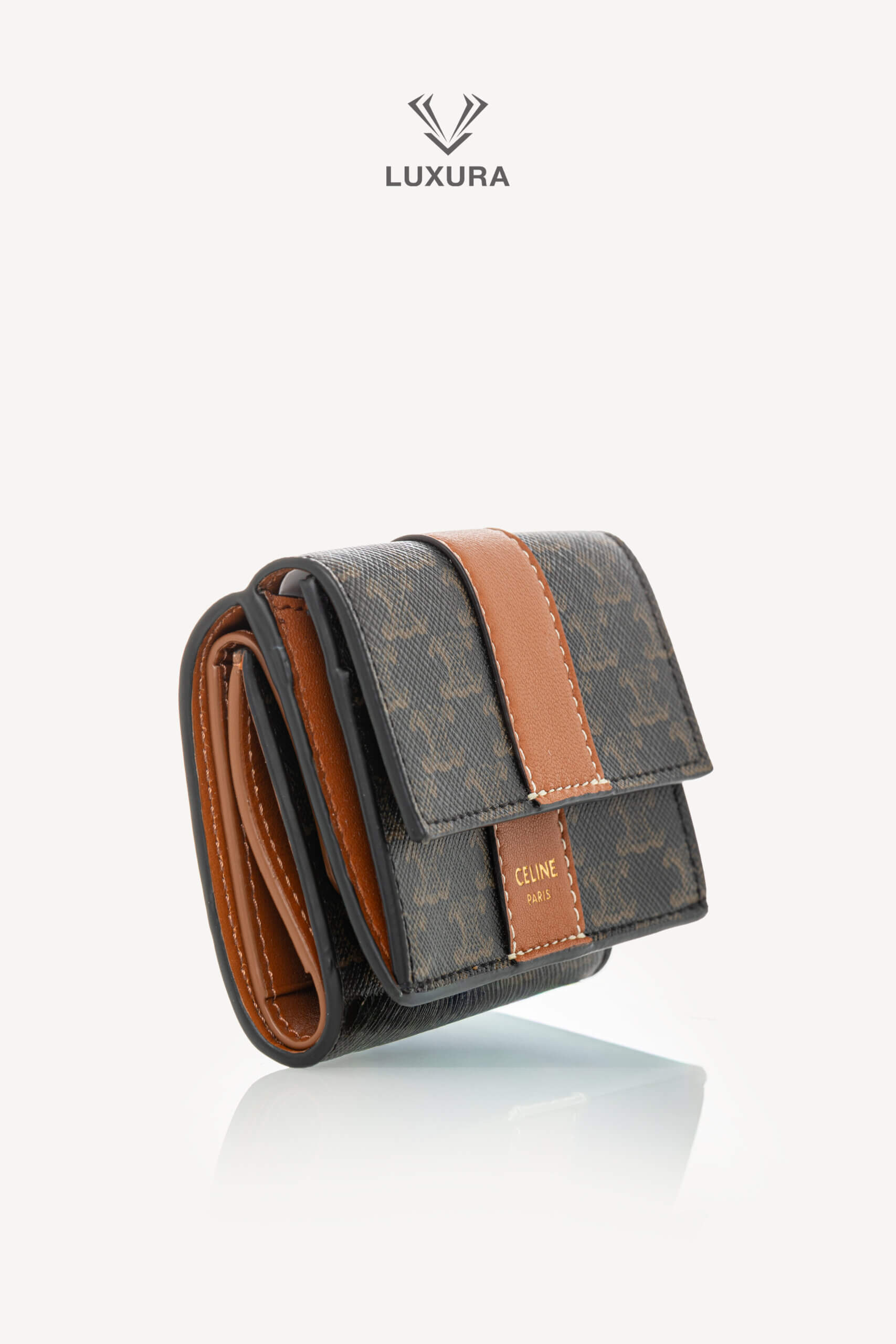 <span style="font-size: 10px;letter-spacing: .15em">HARD TO FIND</span><br> <strong>CELINE</strong><br> <div style="margin-top:10px;font-size:16px">Canvas Triomphe Folded Compact Wallet Tan</div><br> - Image 3