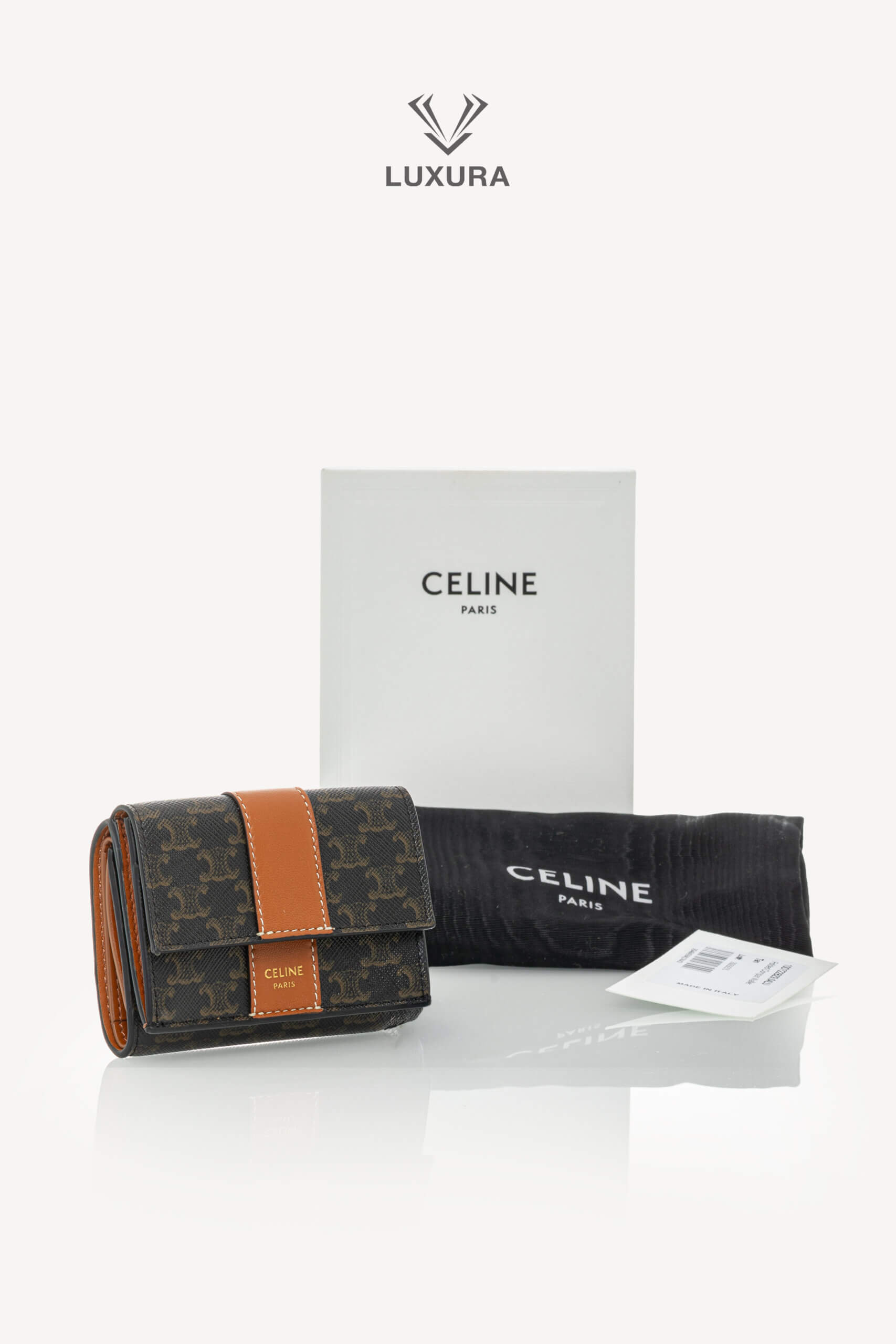 <span style="font-size: 10px;letter-spacing: .15em">HARD TO FIND</span><br> <strong>CELINE</strong><br> <div style="margin-top:10px;font-size:16px">Canvas Triomphe Folded Compact Wallet Tan</div><br> - Image 2
