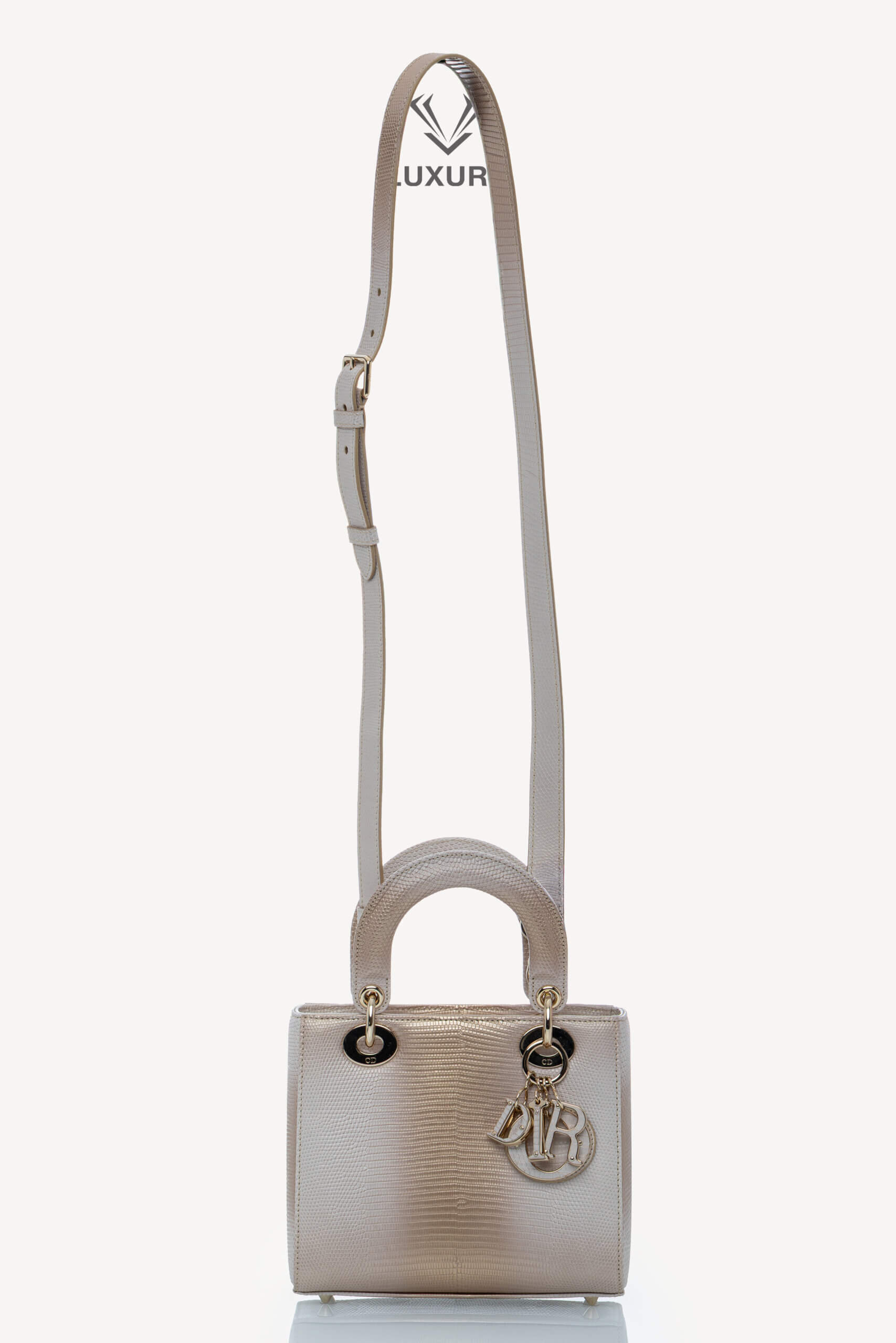 <span style="font-size: 10px;letter-spacing: .15em">HARD TO FIND</span><br>            <strong>CHRISTIAN DIOR</strong><br>            <div style="margin-top:10px;font-size:16px">Small Lady Dior Bag in Gold-Ivory Lizard Leather with Gold Hardware</div><br> - Image 8