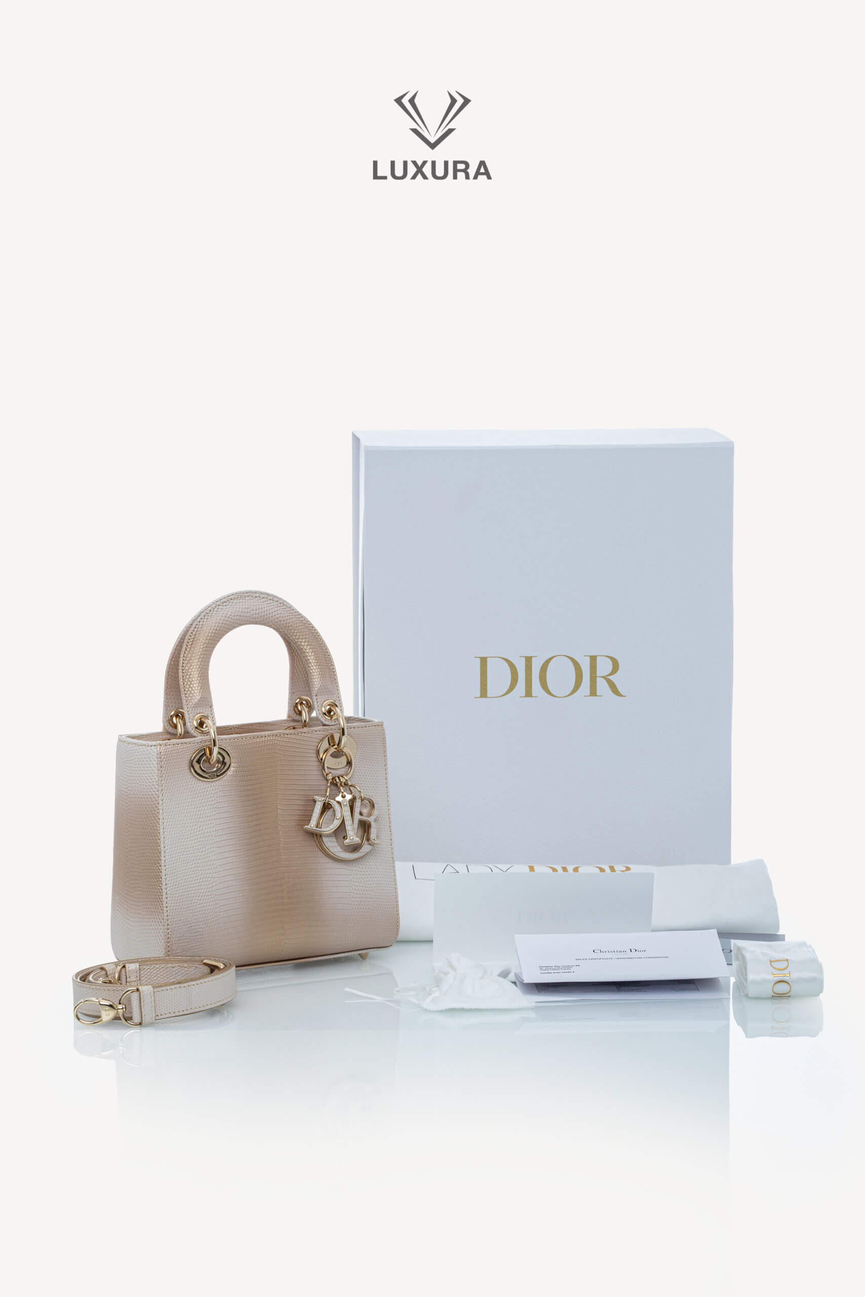 <span style="font-size: 10px;letter-spacing: .15em">HARD TO FIND</span><br>            <strong>CHRISTIAN DIOR</strong><br>            <div style="margin-top:10px;font-size:16px">Small Lady Dior Bag in Gold-Ivory Lizard Leather with Gold Hardware</div><br> - Image 2