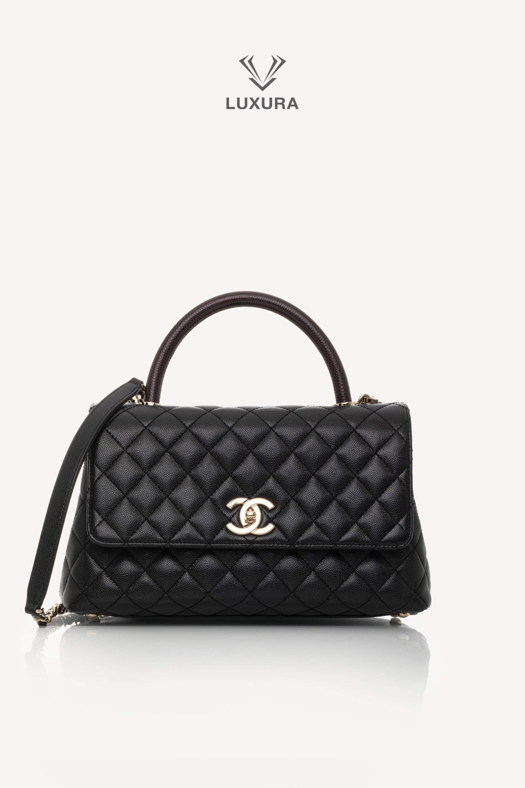 <span style="font-size: 10px;letter-spacing: .15em">HARD TO FIND</span><br>            <strong>CHANEL</strong><br>            <div style="margin-top:10px;font-size:16px">Quilted Caviar and Lizard Embossed Large Coco Top Handle Black</div><br> - Image 5