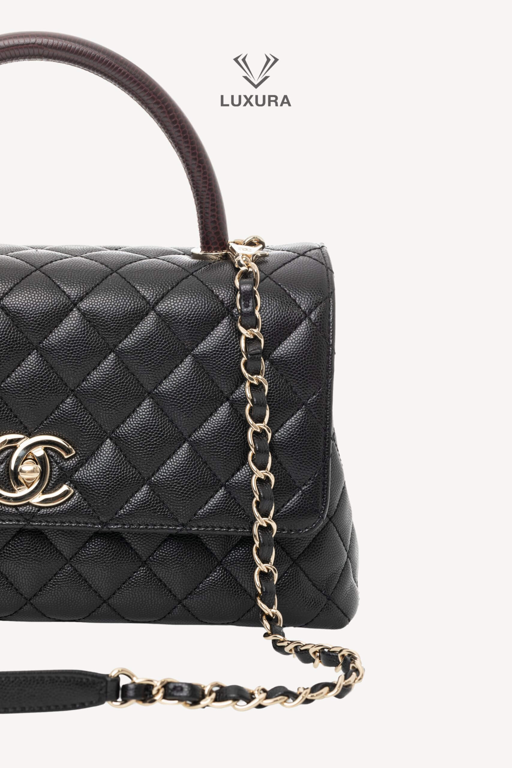 <span style="font-size: 10px;letter-spacing: .15em">HARD TO FIND</span><br>            <strong>CHANEL</strong><br>            <div style="margin-top:10px;font-size:16px">Quilted Caviar and Lizard Embossed Large Coco Top Handle Black</div><br> - Image 10