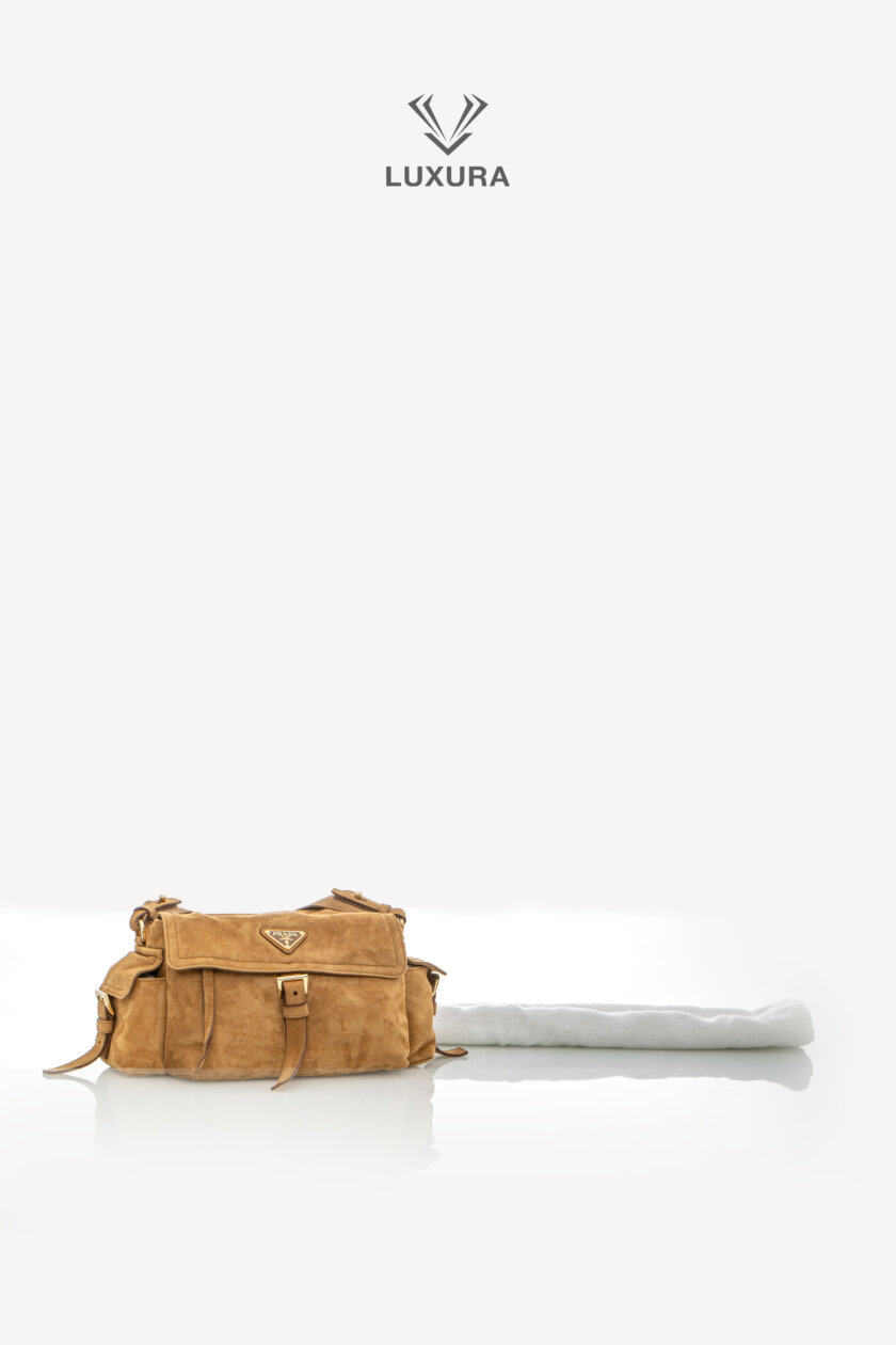 PRADA Explore Medium Suede Leather Shoulder Bag With Flap Cinnamon