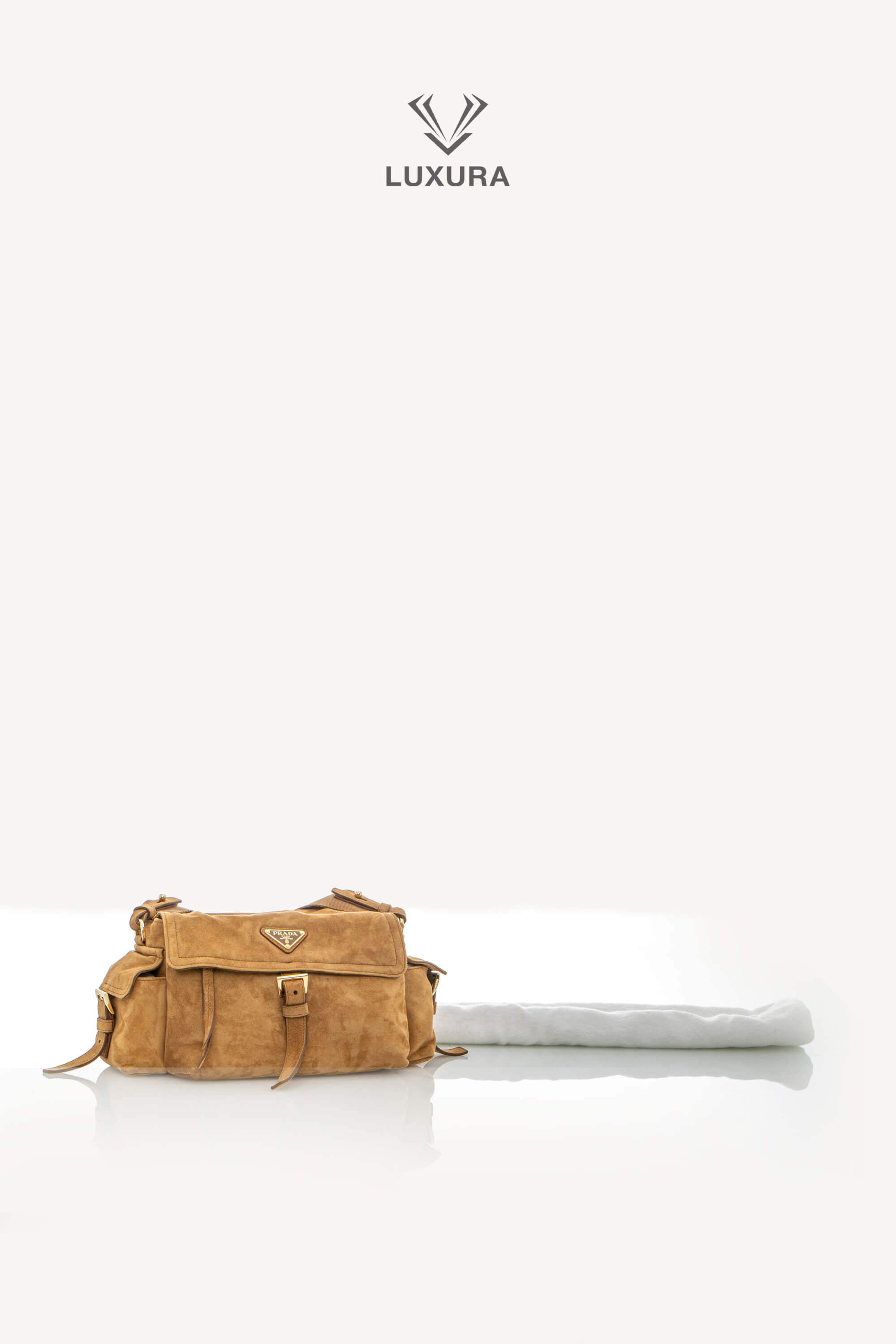 <span style="font-size: 10px;letter-spacing: .15em">NEW COLLECTION</span><br> <strong>PRADA</strong><br> <div style="margin-top:10px;font-size:16px">Explore Medium Suede Leather Shoulder Bag With Flap Cinnamon</div><br> - Image 2