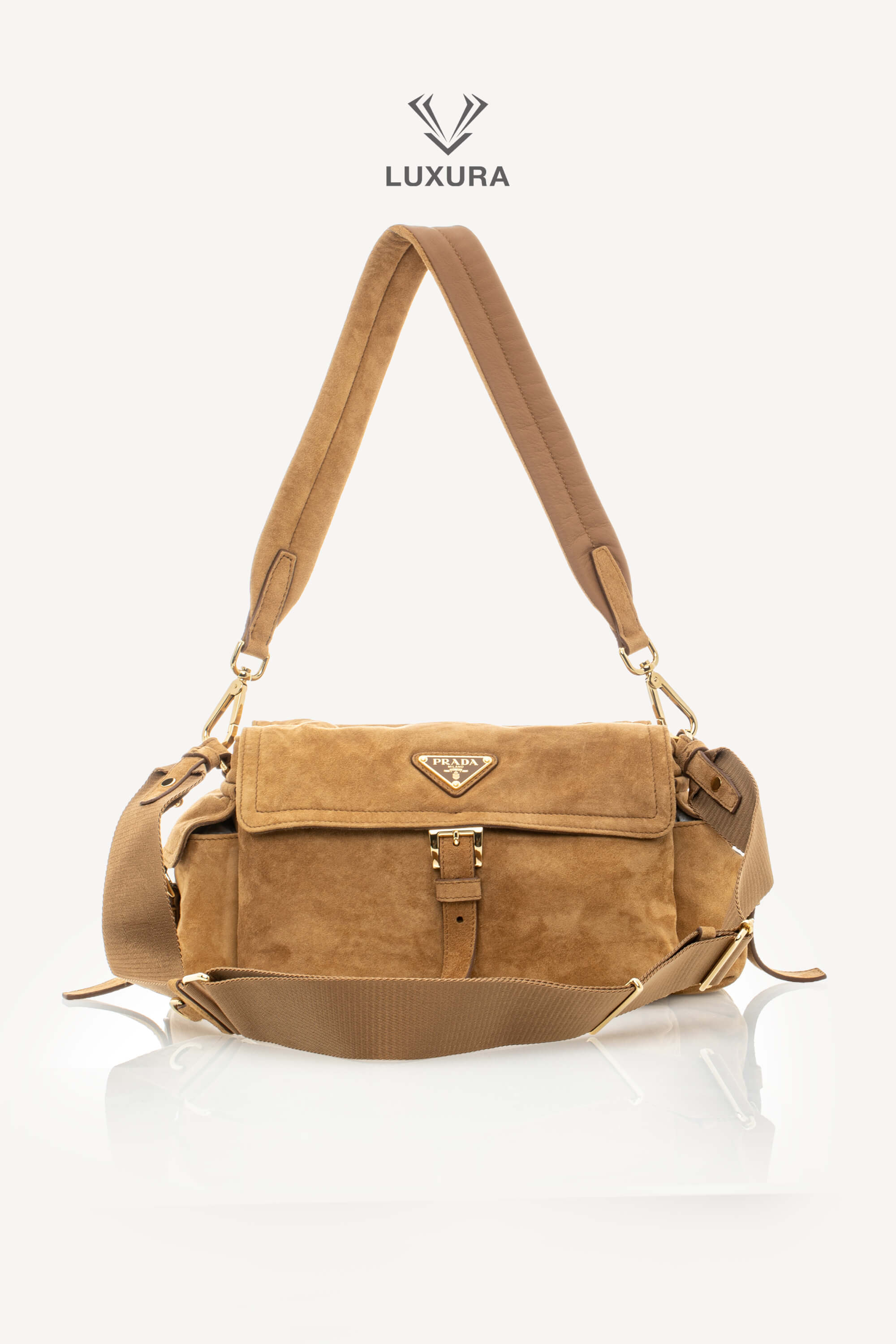 <span style="font-size: 10px;letter-spacing: .15em">NEW COLLECTION</span><br> <strong>PRADA</strong><br> <div style="margin-top:10px;font-size:16px">Explore Medium Suede Leather Shoulder Bag With Flap Cinnamon</div><br> - Image 7