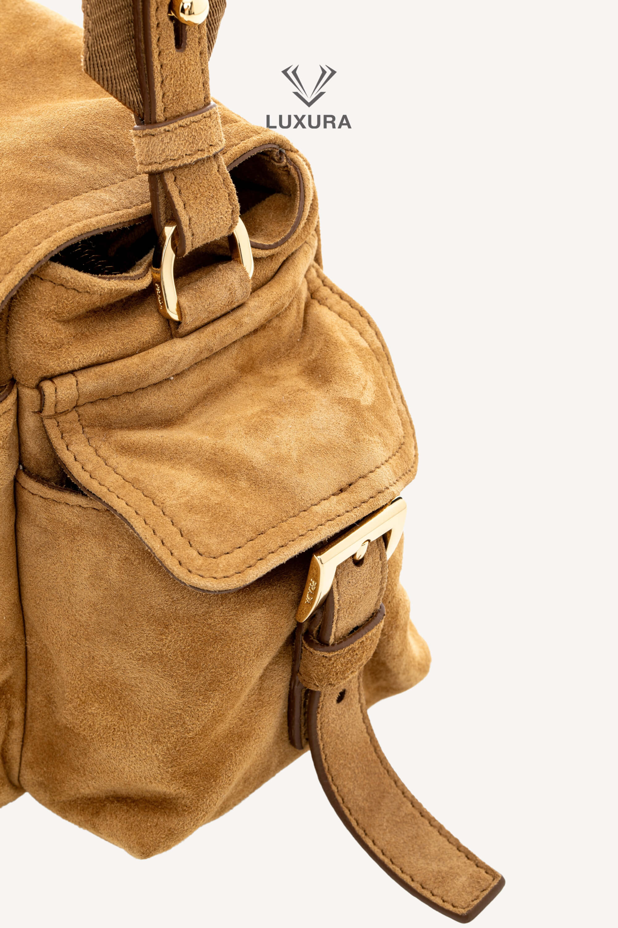 <span style="font-size: 10px;letter-spacing: .15em">NEW COLLECTION</span><br> <strong>PRADA</strong><br> <div style="margin-top:10px;font-size:16px">Explore Medium Suede Leather Shoulder Bag With Flap Cinnamon</div><br> - Image 19