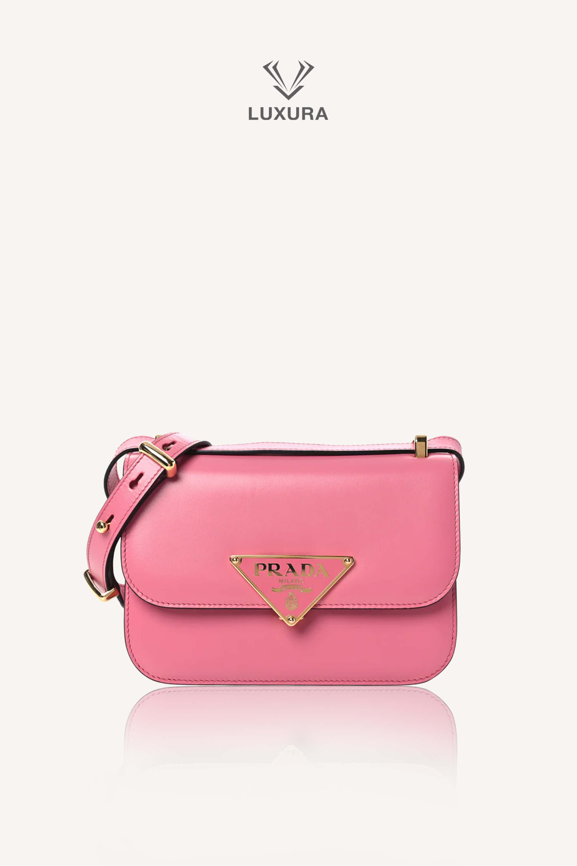 <span style="font-size: 10px;letter-spacing: .15em">BEST DEAL</span><br> <strong>PRADA</strong><br> <div style="margin-top:10px;font-size:16px">Box Calfskin Triangle Embleme Flap Shoulder Bag Begonia</div><br>