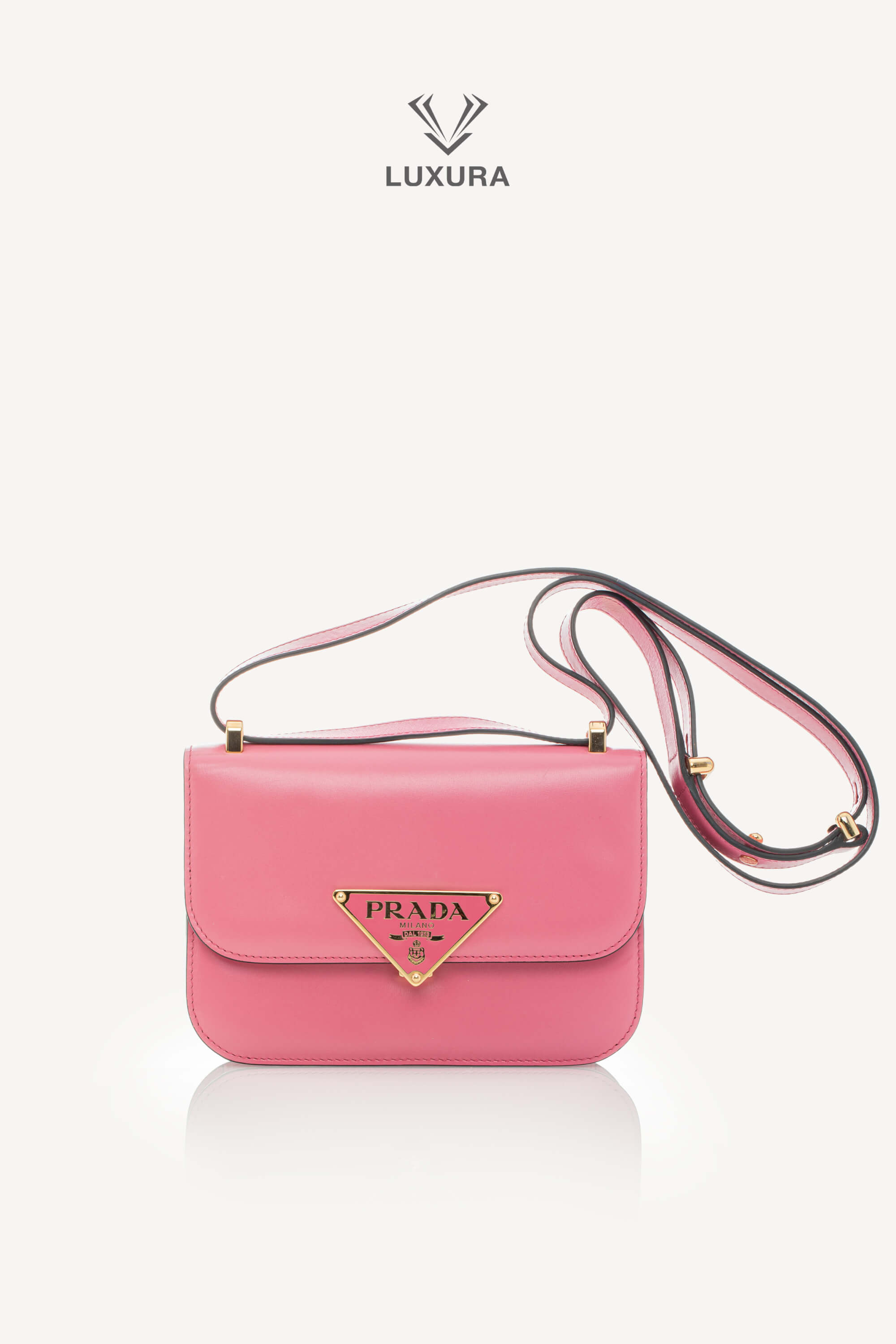 <span style="font-size: 10px;letter-spacing: .15em">BEST DEAL</span><br> <strong>PRADA</strong><br> <div style="margin-top:10px;font-size:16px">Box Calfskin Triangle Embleme Flap Shoulder Bag Begonia</div><br> - Image 5