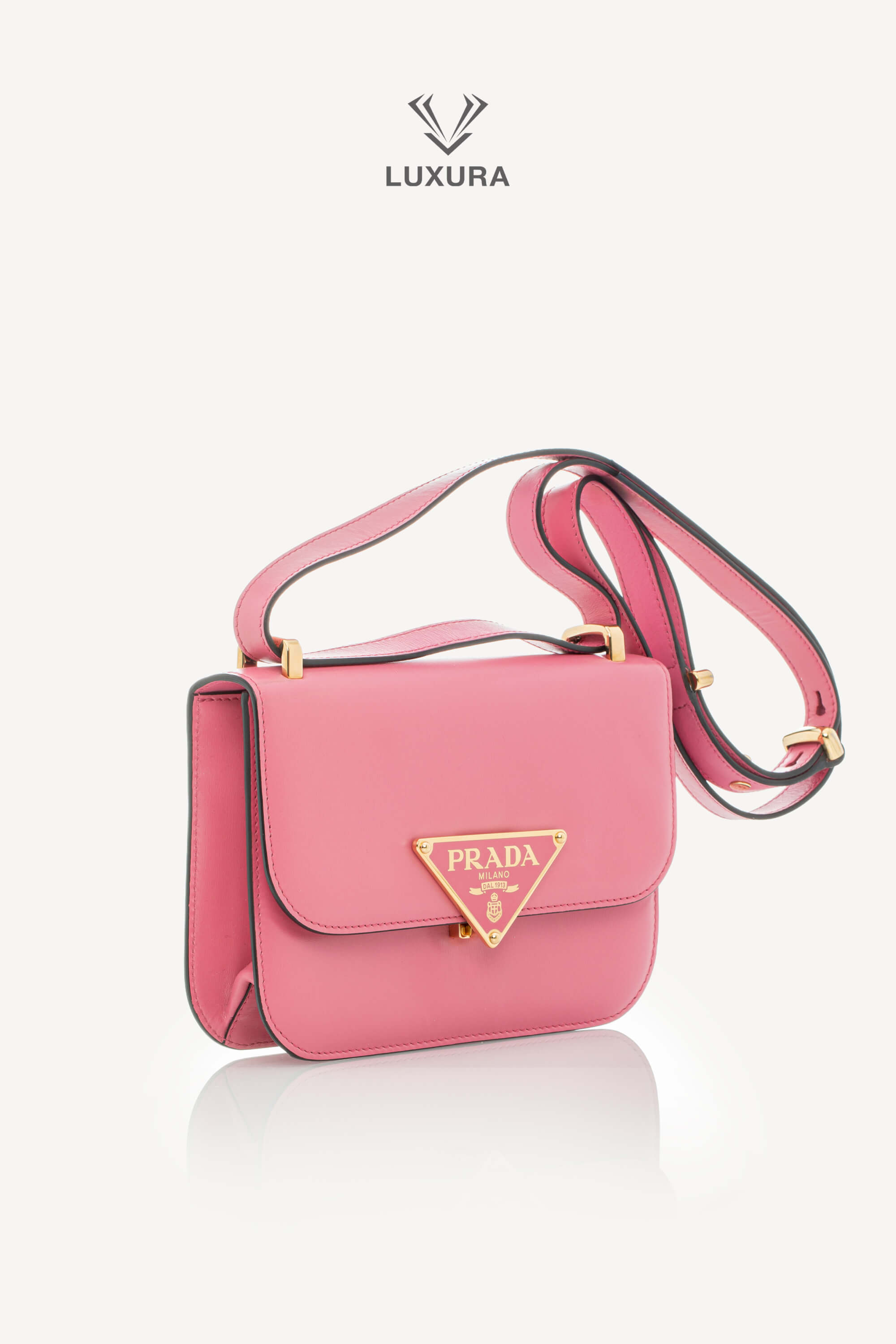 <span style="font-size: 10px;letter-spacing: .15em">BEST DEAL</span><br> <strong>PRADA</strong><br> <div style="margin-top:10px;font-size:16px">Box Calfskin Triangle Embleme Flap Shoulder Bag Begonia</div><br> - Image 2
