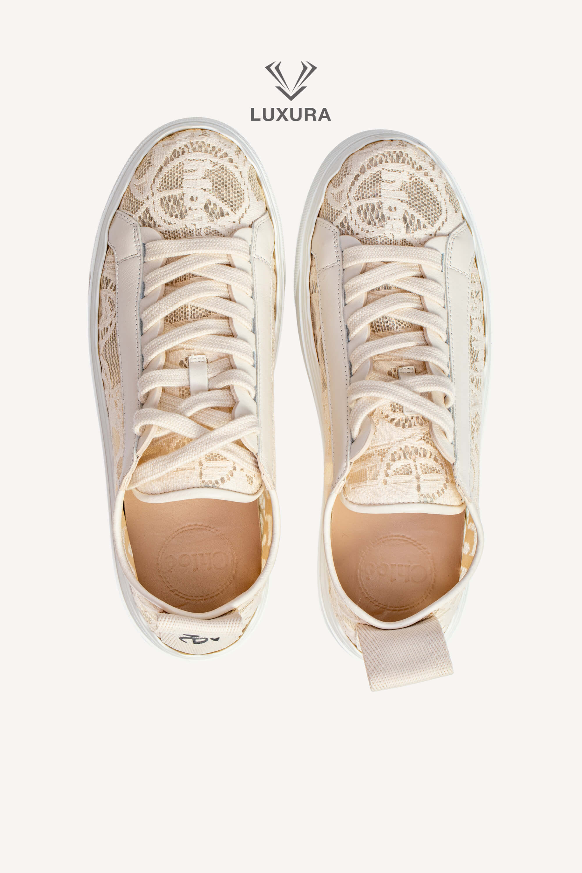 <span style="font-size: 10px;letter-spacing: .15em">IN TRENDING</span><br> <strong>CHLOE</strong><br> <div style="margin-top:10px;font-size:16px">Lauren Lace Sneakers in Beige 38</div><br> - Image 8